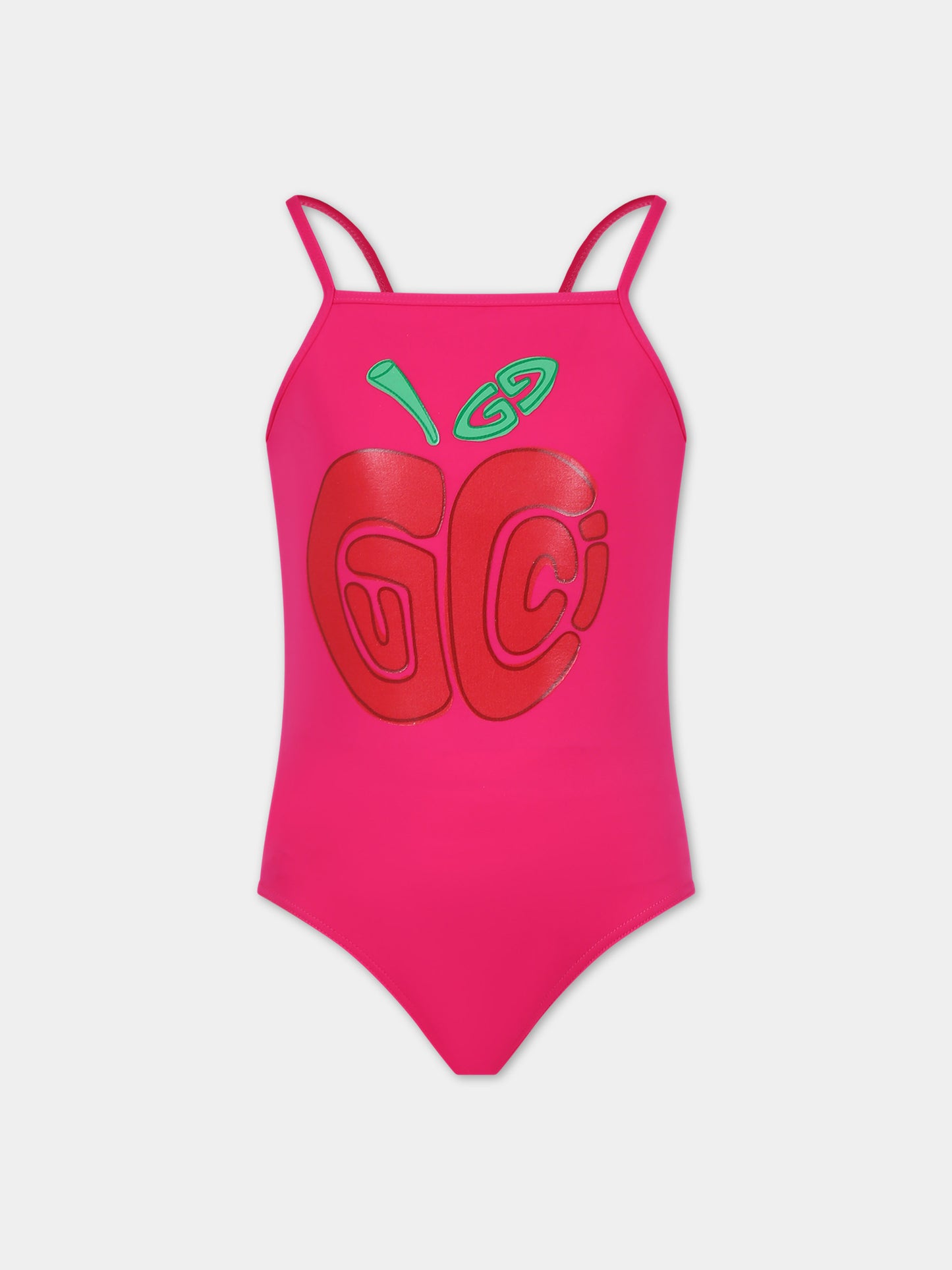 Costume intero fucsia per bambina con stampa mela Gucci,Gucci Kids,773029 XJF70 5716