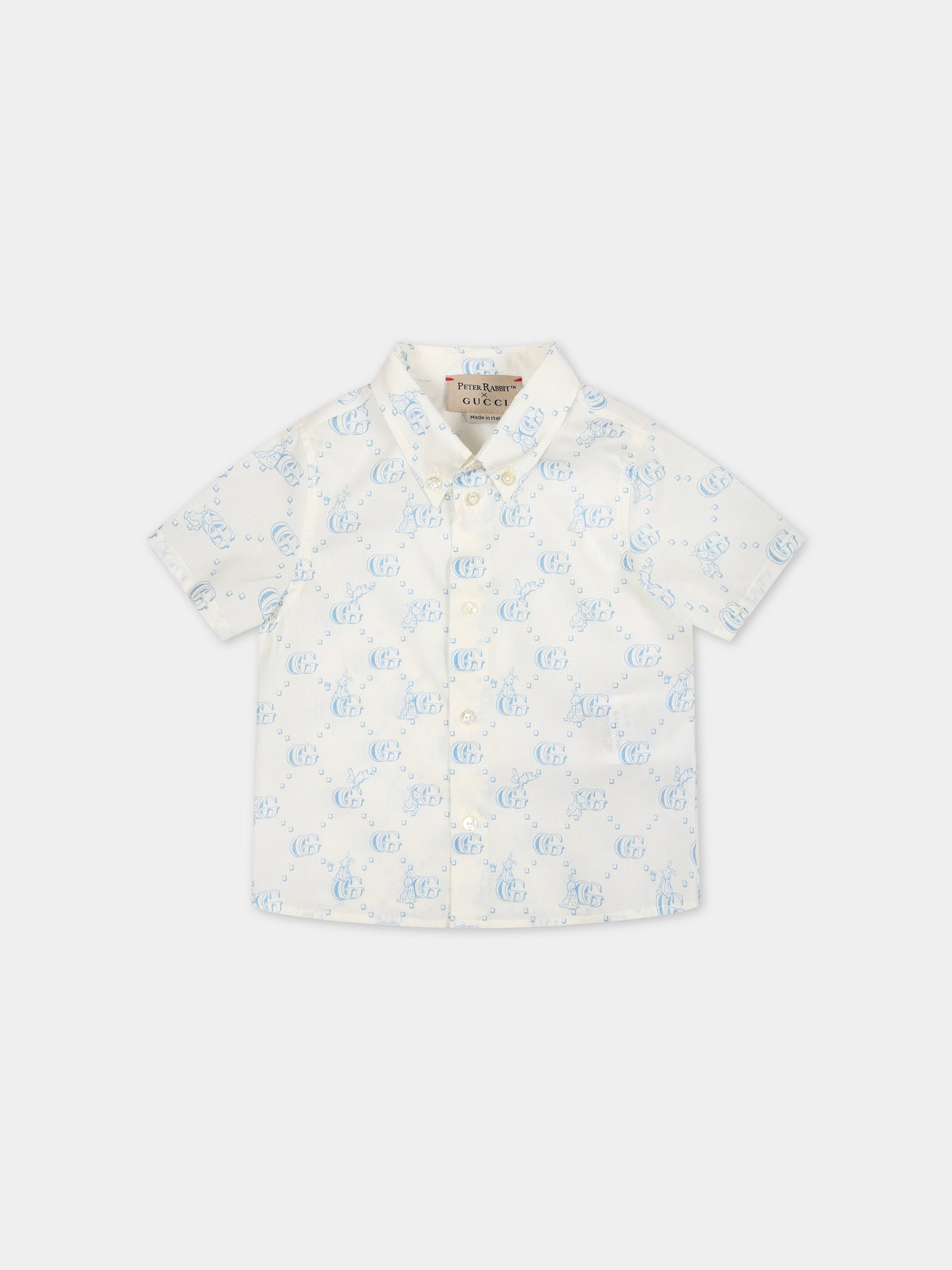 Camicia bianca per neonato con logo GG celeste e coniglio,Gucci Kids,770575 XWA0R 9183