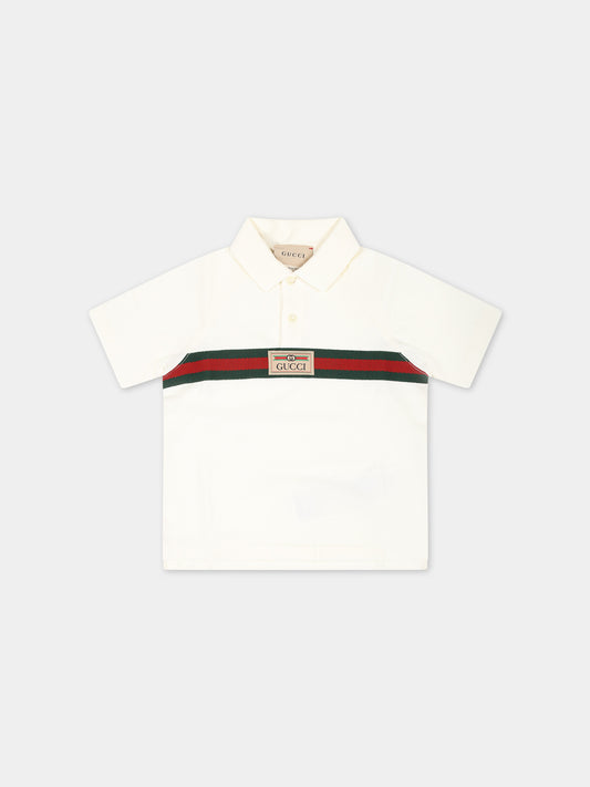 Polo bianca per neonato con dettaglio Web e logo,Gucci Kids,758819 XJF3F 9791