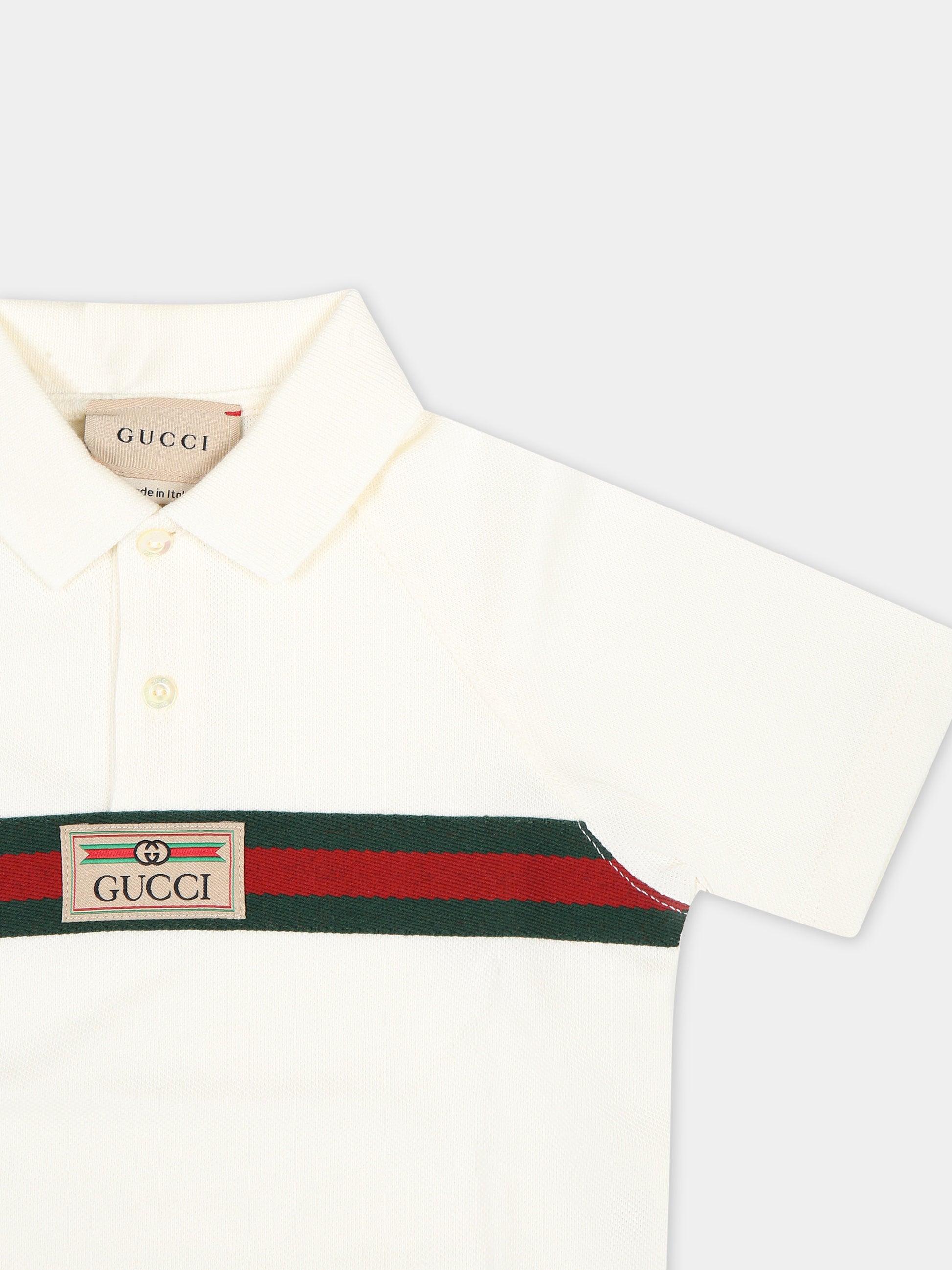 Polo bianca per neonato con dettaglio Web e logo,Gucci Kids,758819 XJF3F 9791