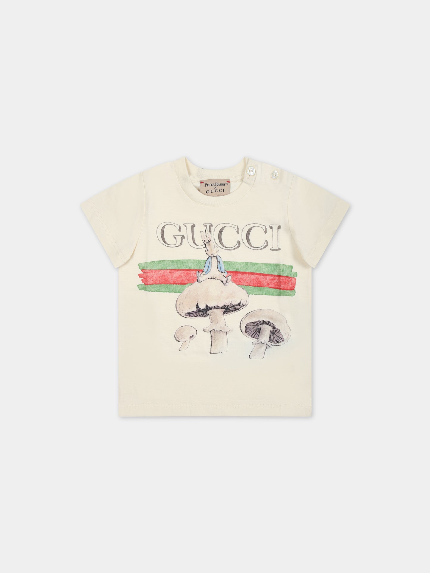 T-shirt avorio per neonato con funghi e Peter Rabbit,Gucci Kids,548034 XJF6A 9247