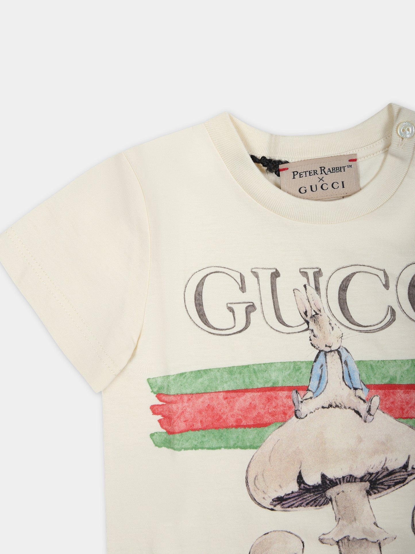 T-shirt avorio per neonato con funghi e Peter Rabbit,Gucci Kids,548034 XJF6A 9247