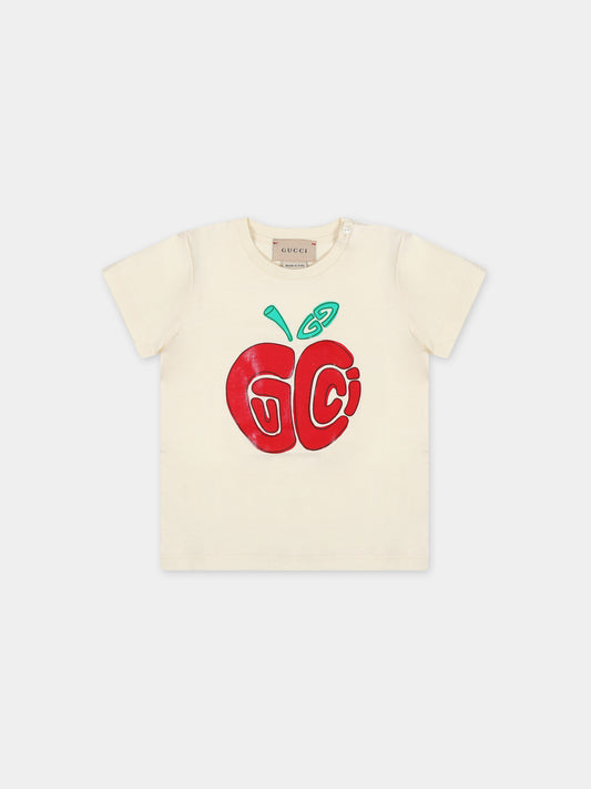 T-shirt avorio per neonata con doppia G e mela,Gucci Kids,555675 XJF86 9398