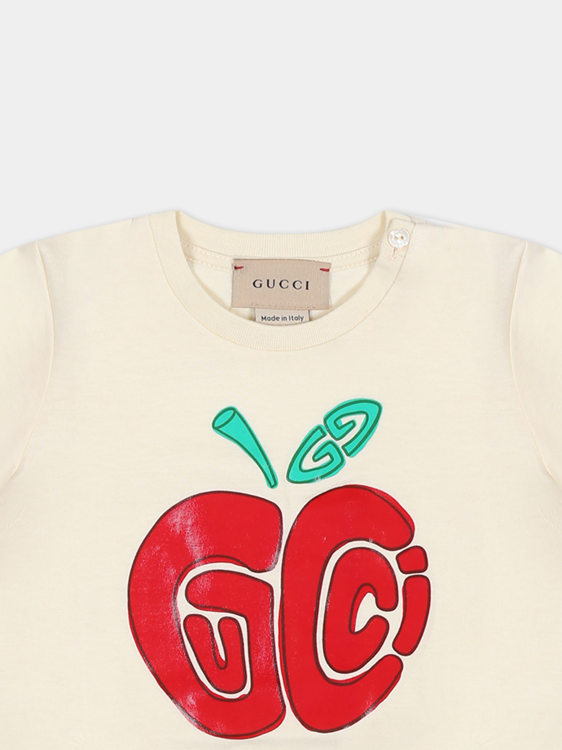 T-shirt avorio per neonata con doppia G e mela,Gucci Kids,555675 XJF86 9398