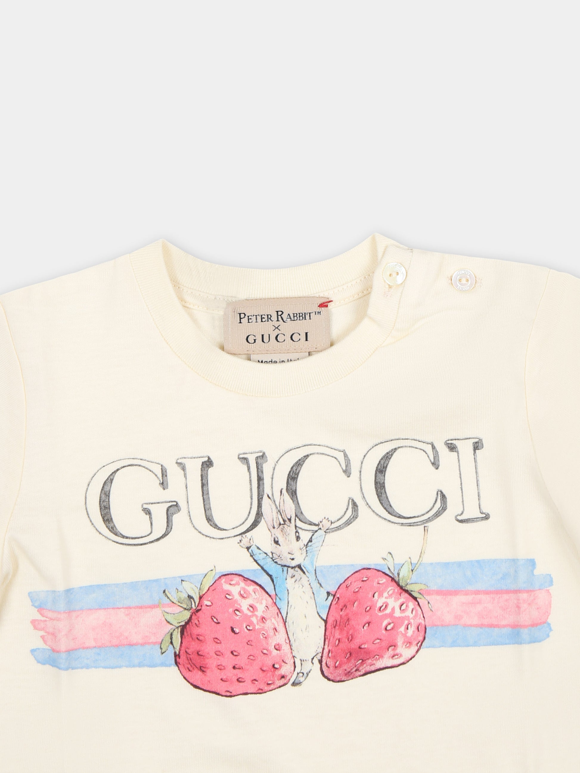 T-shirt avorio per neonata con Peter Rabbit,Gucci Kids,555675 XJF9G 9398