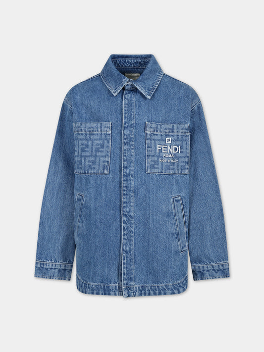 Giubbotto in denim per bambini con tasche con iconiche FF,Fendi Kids,JUA196 AMHX F0QG0