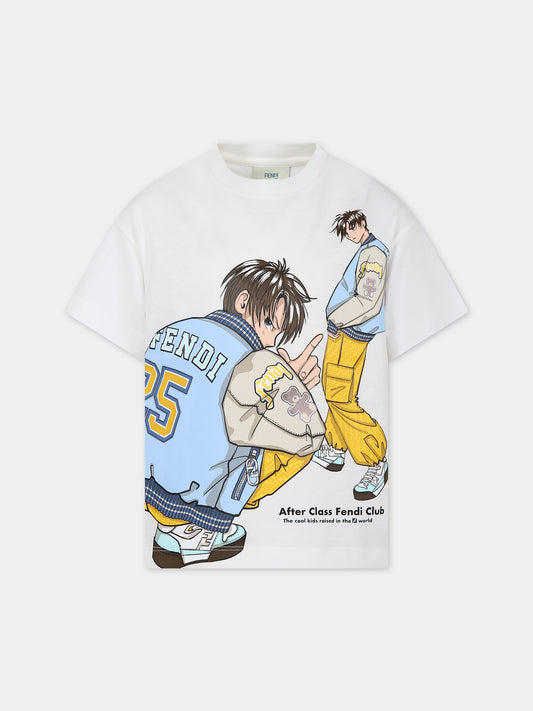 T-shirt bianca per bambino con stampa e FF,Fendi Kids,JMI445 7AJ F0TU9