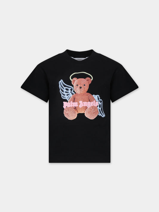 T-shirt nera per bambina con orso,Palm Angels,PGAA002S24JER0021060