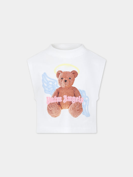Canotta bianca per bambina con orso,Palm Angels,PGAC003S24JER0010360