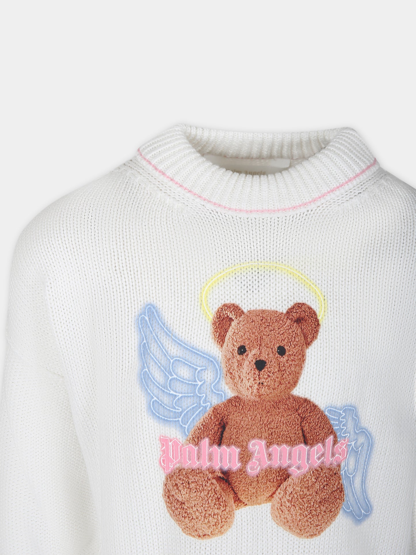 Maglione bianco per bambina con iconico Teddy Bear,Palm Angels,PGHE004S24KNI0020360