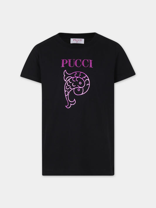 T-shirt nera per bambina con logo,Emilio Pucci Junior,PU8A71 Z0082 930