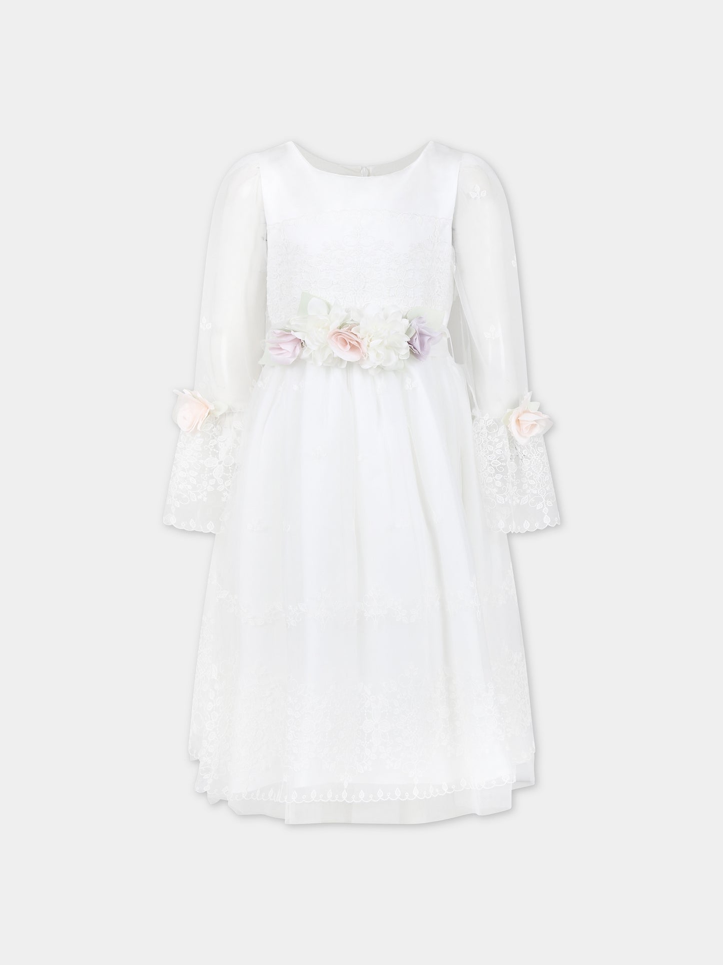 Vestito bianco per bambina con ricami e fiori,Monnalisa,71C914 3972 0001