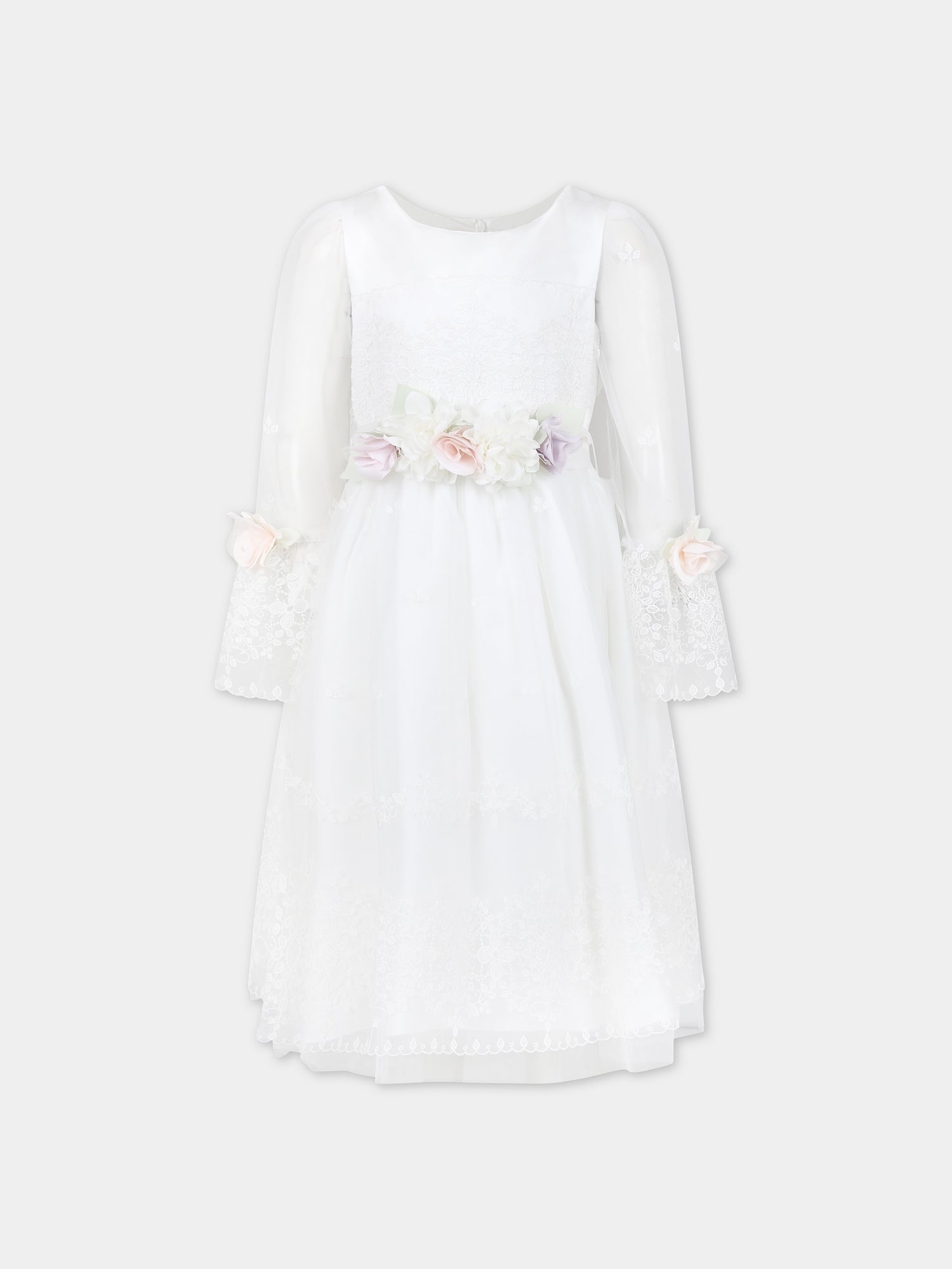 Vestito bianco per bambina con ricami e fiori,Monnalisa,71C914 3972 0001