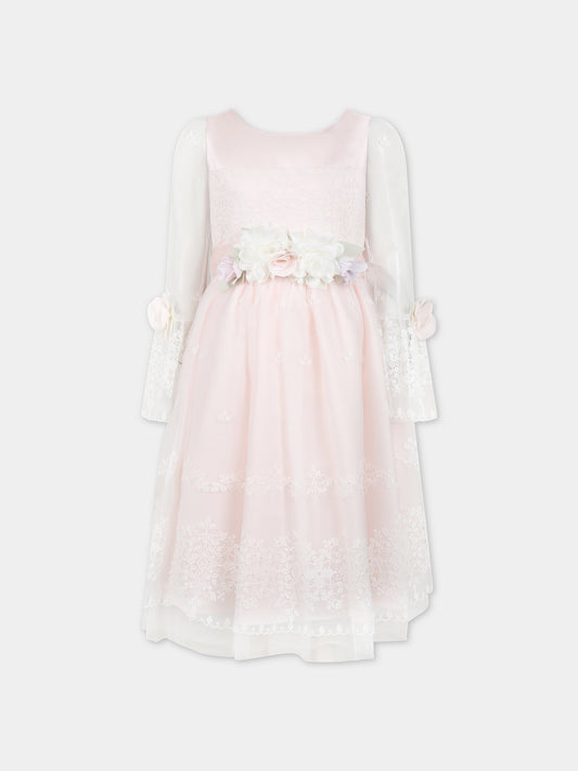 Vestito rosa per bambina con ricami e fiori,Monnalisa,71C914 3972 0092