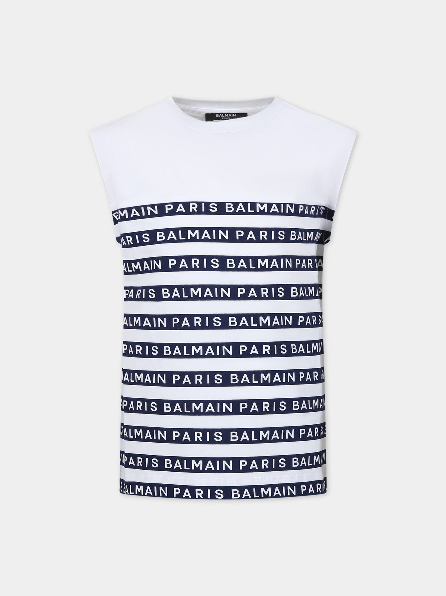 T-shirt bianca smanicata per bambini con righe blu e logo,Balmain Kids,BU8P82 Z1911 100BL