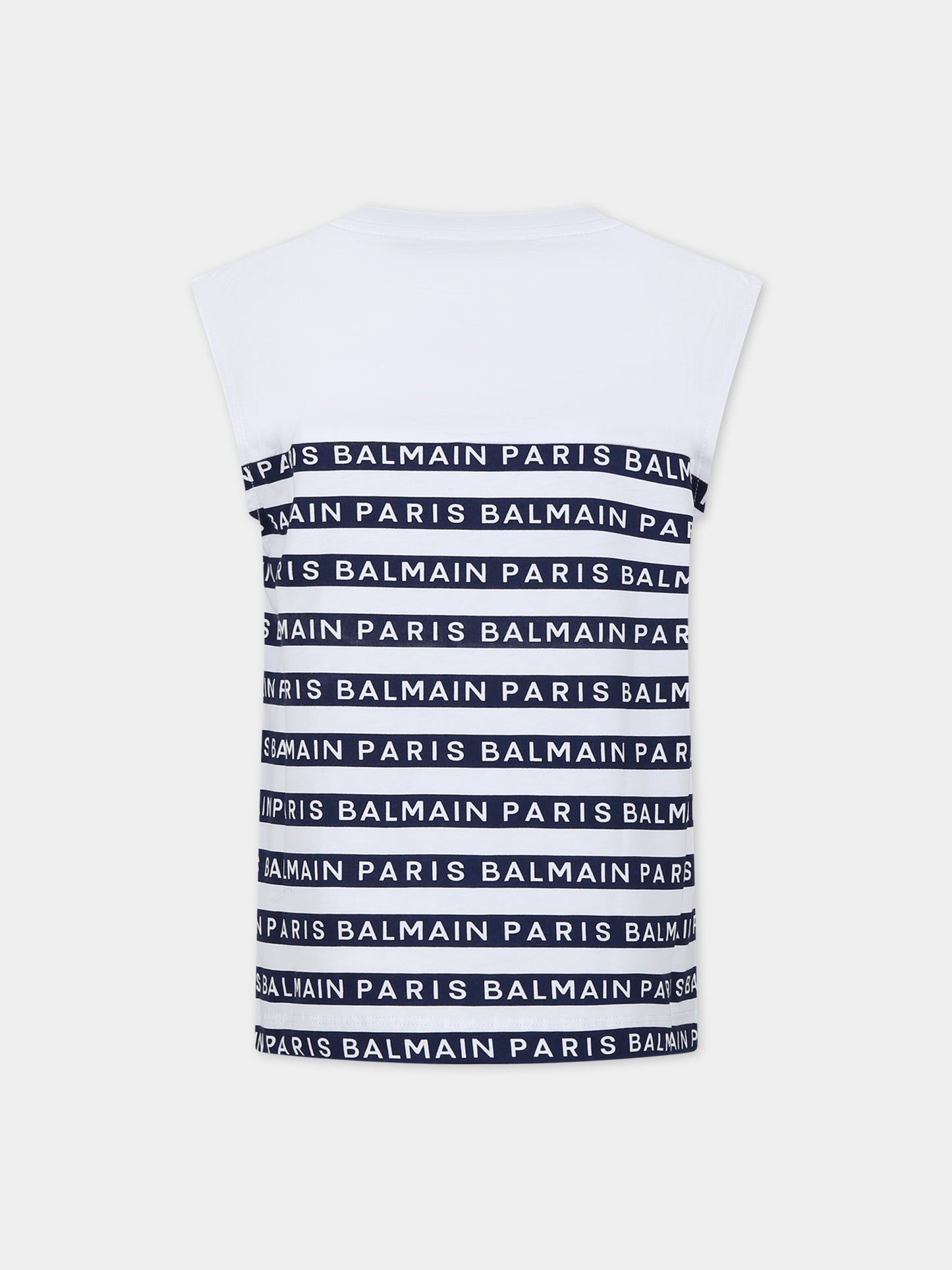 T-shirt bianca smanicata per bambini con righe blu e logo,Balmain Kids,BU8P82 Z1911 100BL