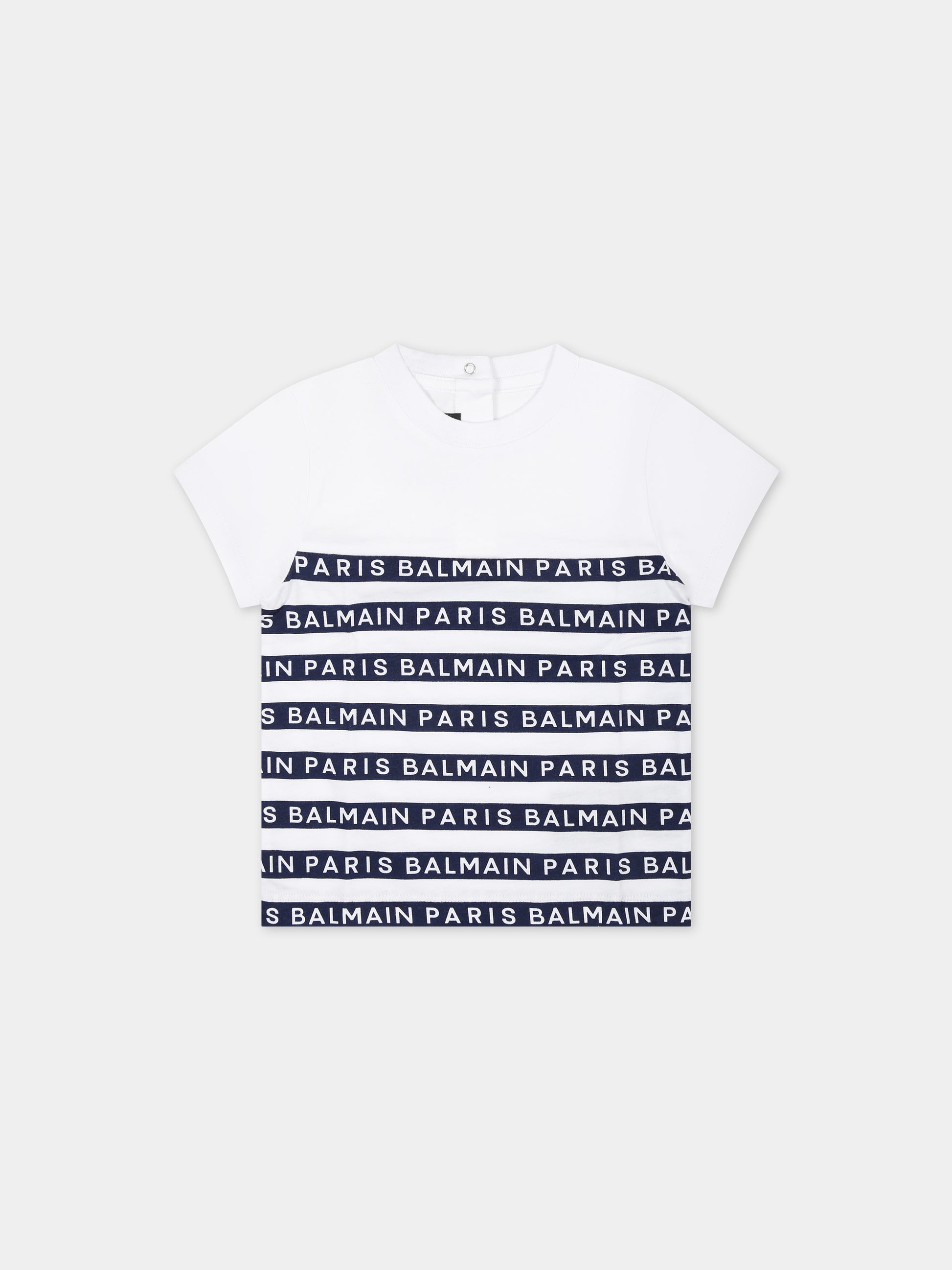 T-shirt bianca per neonato con righe blu e logo,Balmain Kids,BU8571 Z1911 100BL
