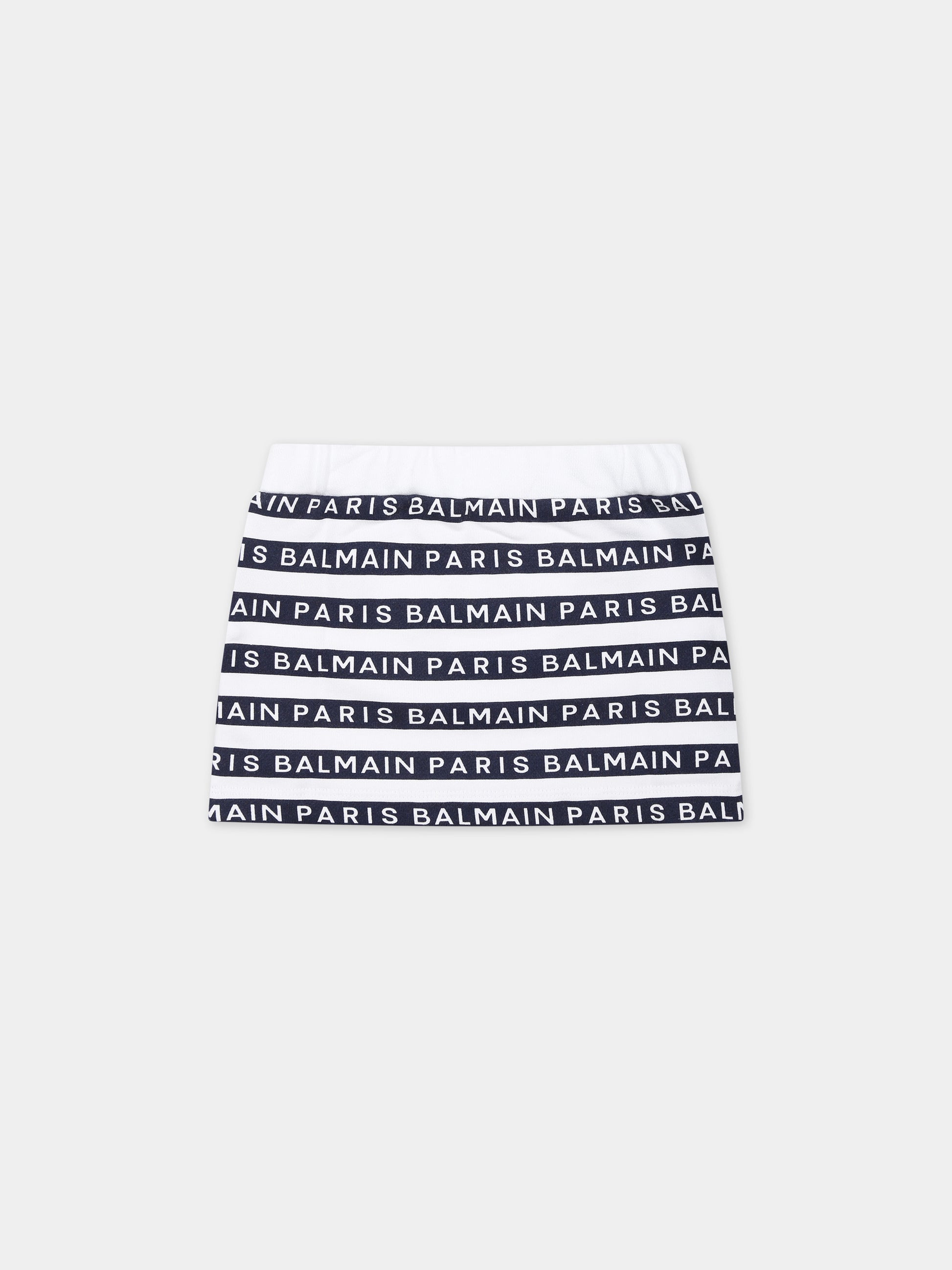 Gonna bianca per neonata con righe blu e logo,Balmain Kids,BU7001 Z1909 100BL