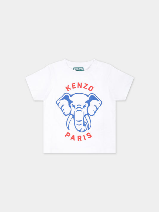 T-shirt bianca per neonato con elefante e logo,Kenzo Kids,K60170 10P