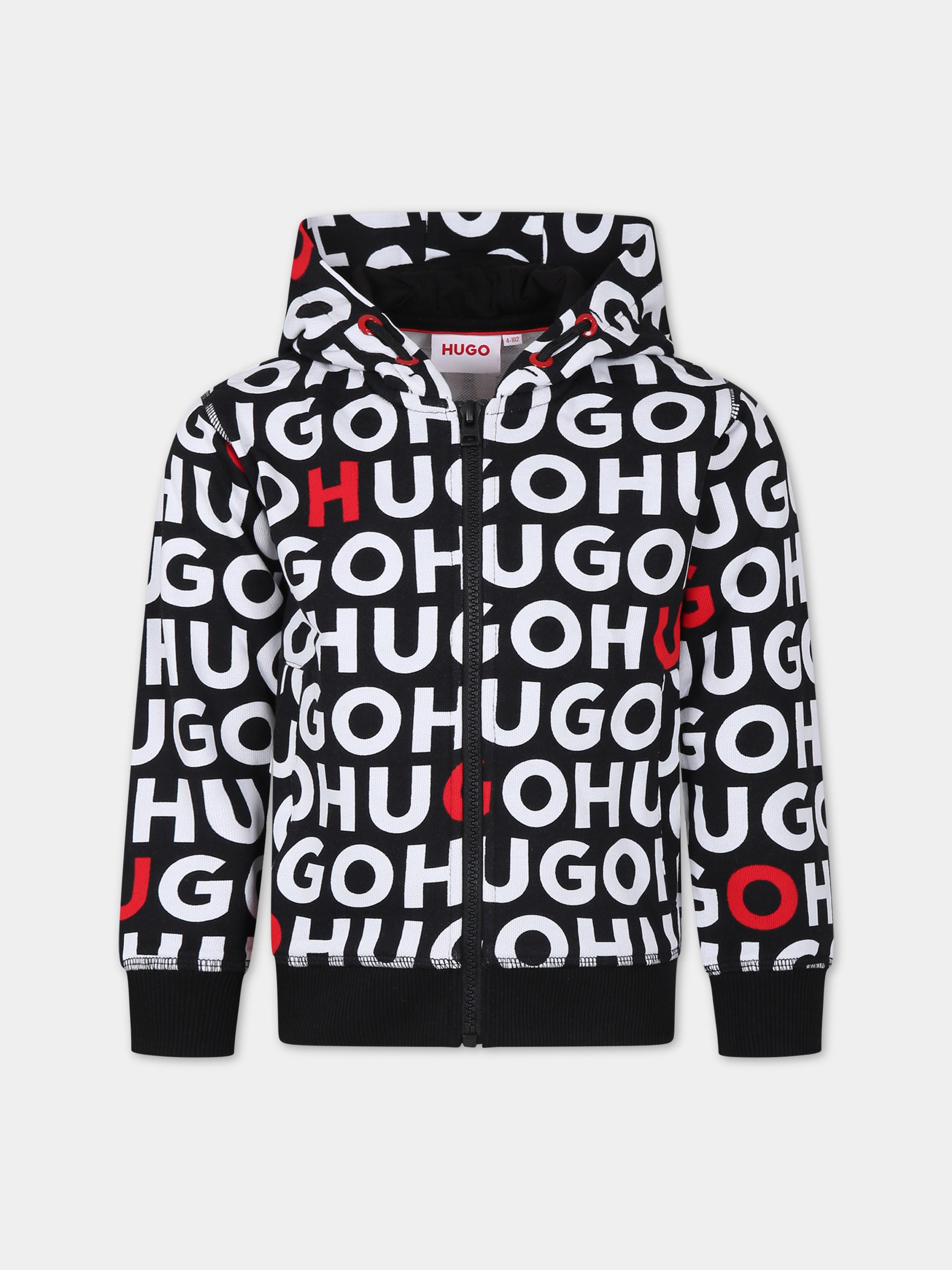 Felpa nera con cappuccio per bambino con logo all-over,Hugo,G00029 M99