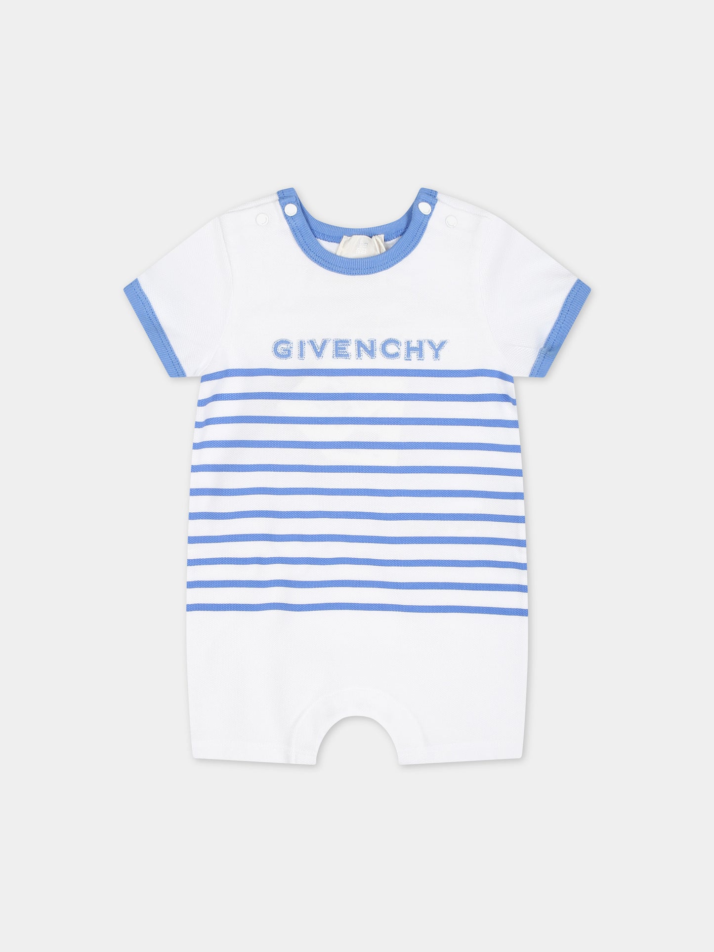Pagliaccetto celeste per neonato con righe e logo,Givenchy Kids,H30235 824