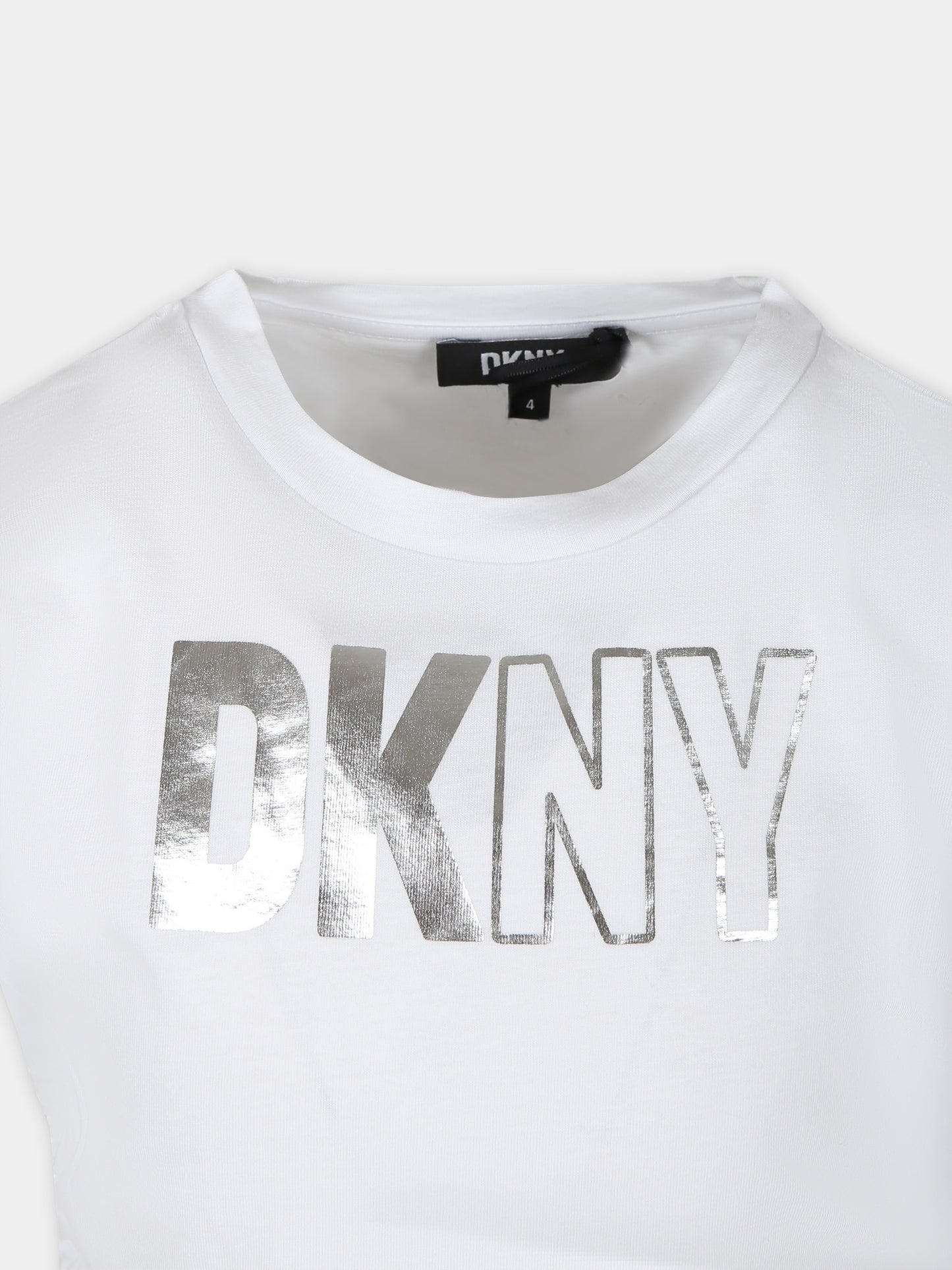 T-shirt bianca per bambina con logo argentato,Dkny,D60091 10P