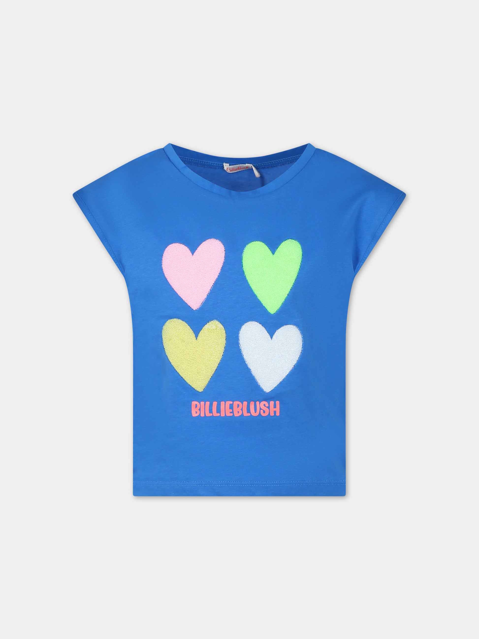 T-shirt azzurra con cuori multicolor e logo,Billieblush,U20087 81K