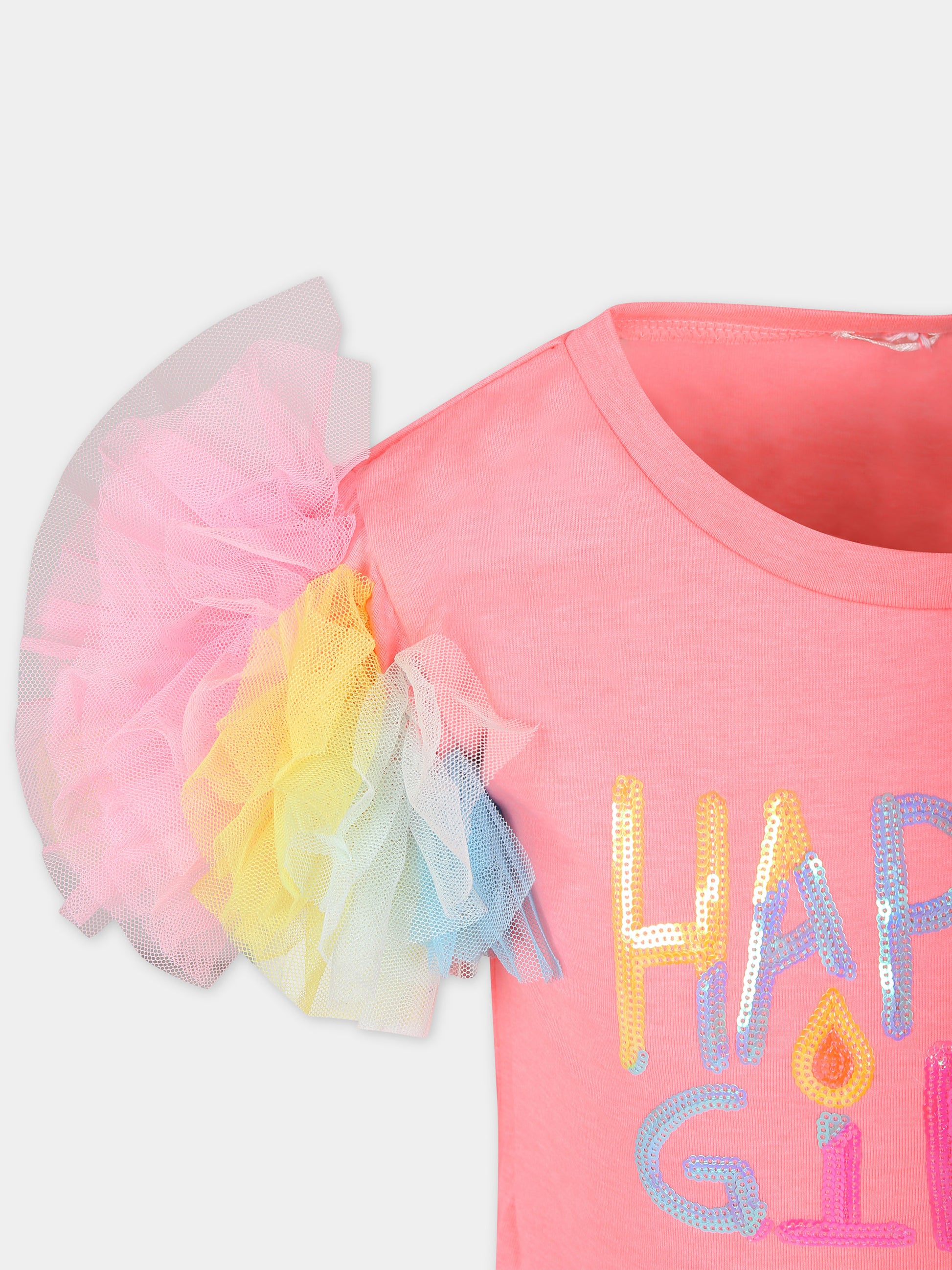 T-shirt fucsia per bambina con tulle e stampa multicolor,Billieblush,U20366 499