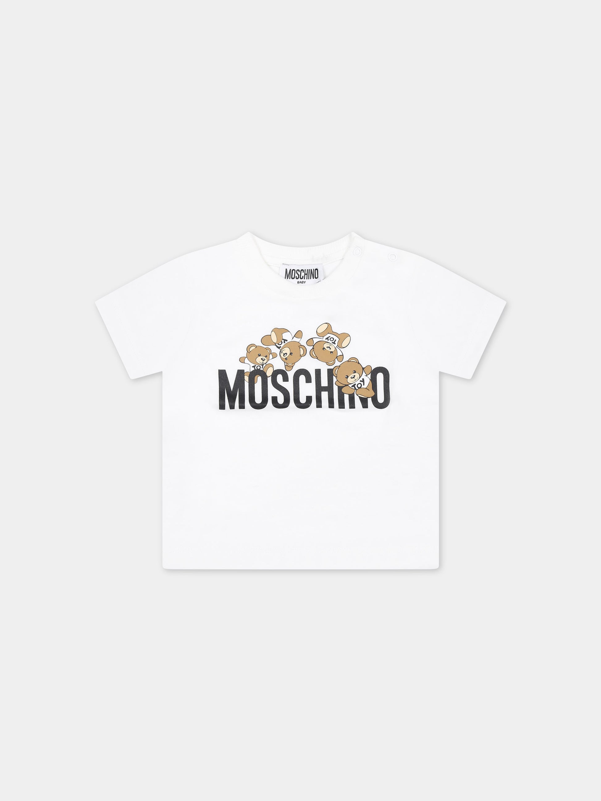 T-shirt bianca per neonato con Teddy Bears e logo,Moschino Kids,MWM032 LAA03 10101