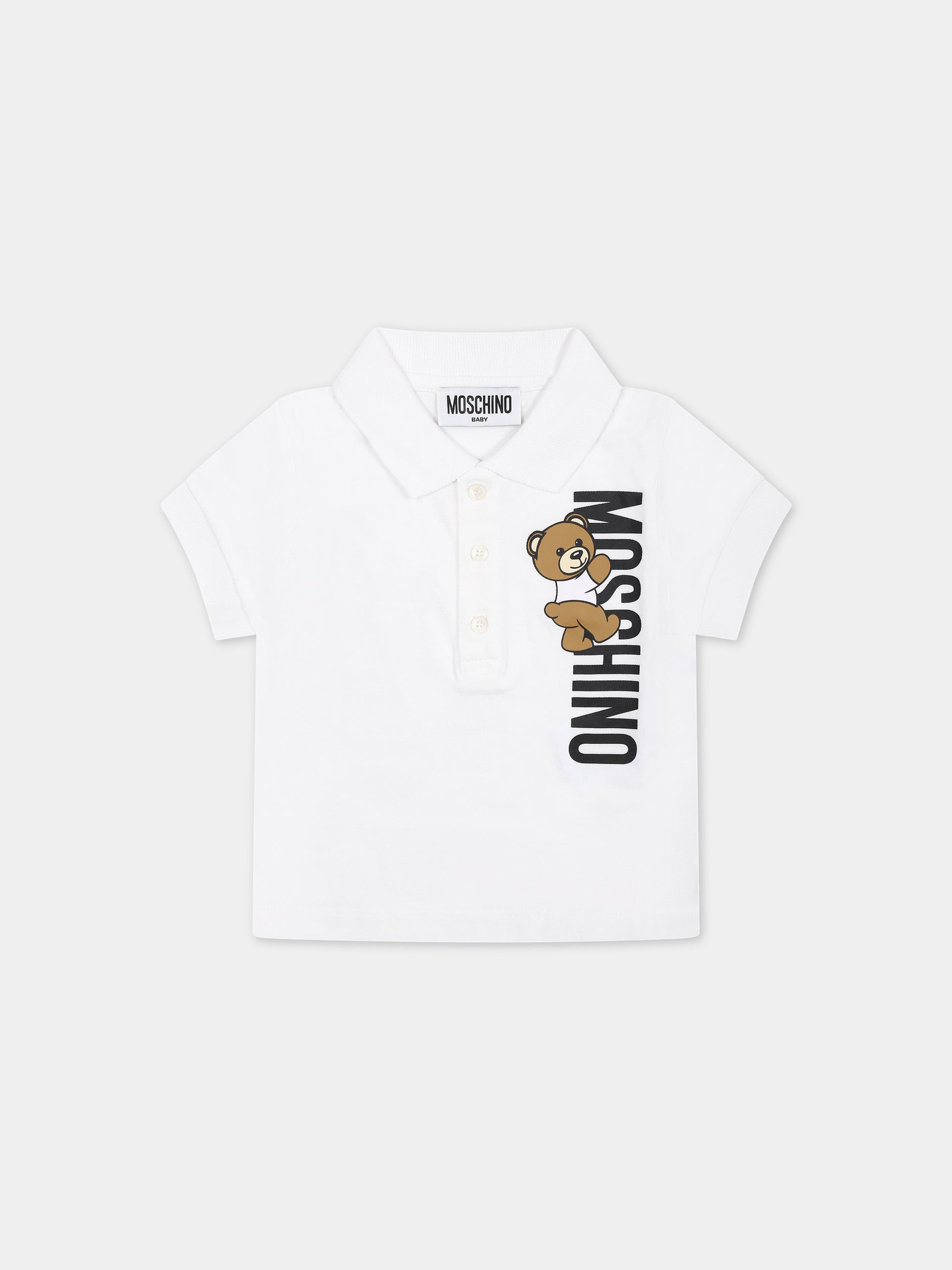 Polo bianca per neonato con Teddy Bear e logo,Moschino Kids,M7M01P LFA01 10101
