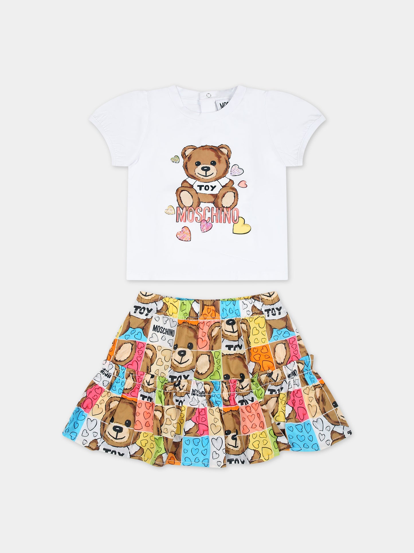 Completo bianco per neonata con Teddy Bear e cuori,Moschino Kids,MDG013 LLB36 84377