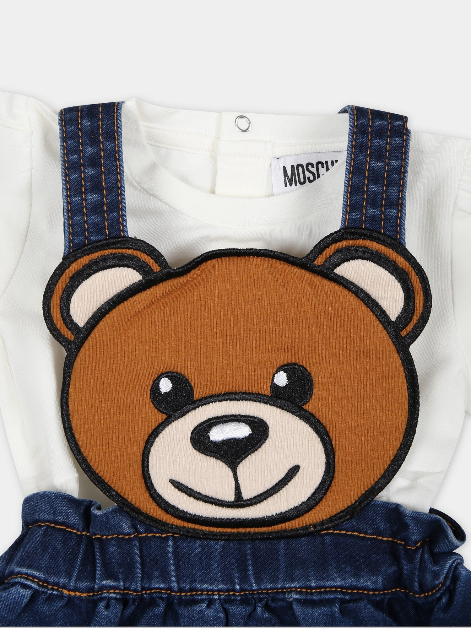 Salopette in denim per neonata con Teddy Bear,Moschino Kids,MDK02Q LXE43 40334