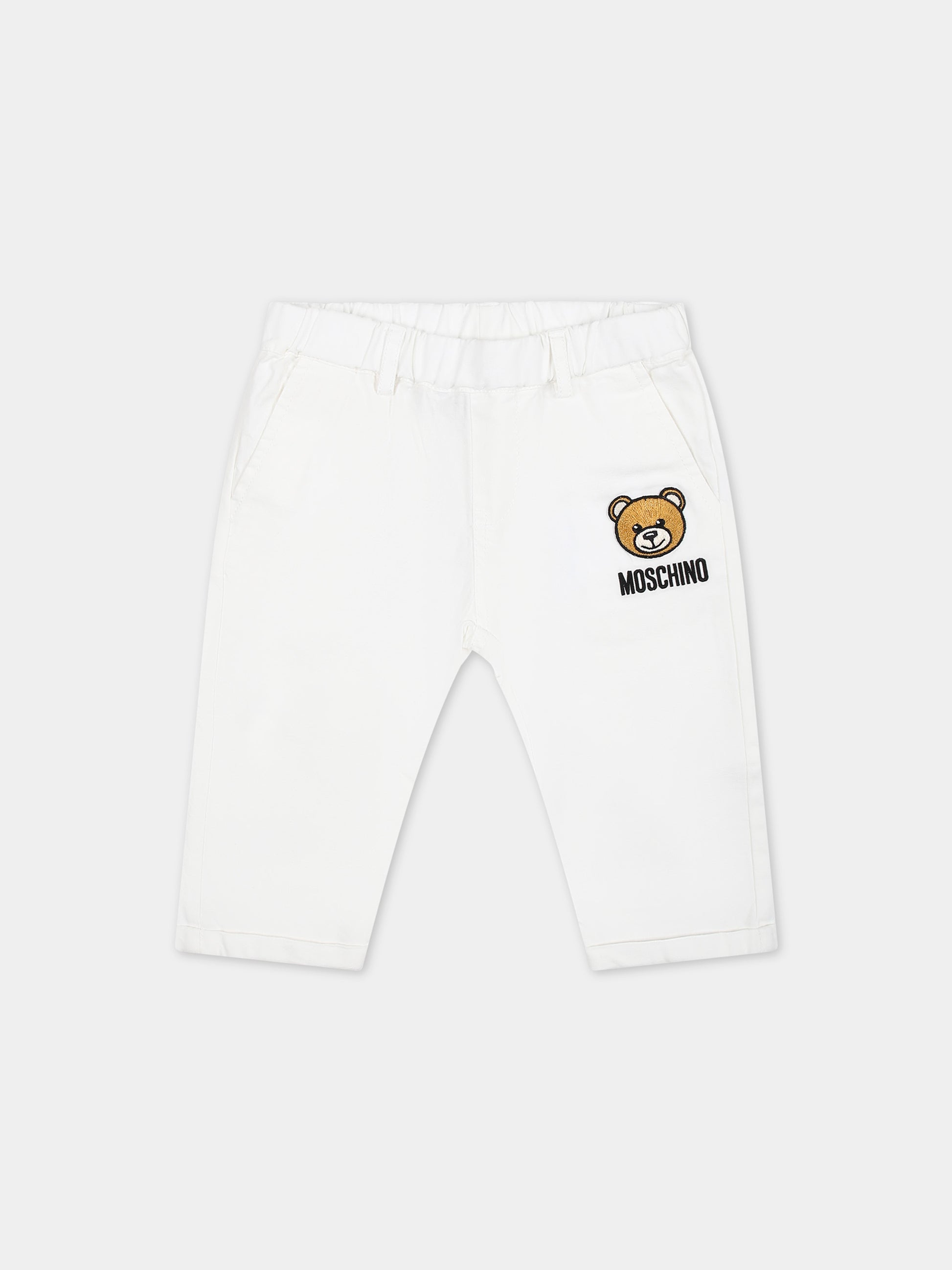 Pantaloni bianchi per neonato con Teddy Bear e logo,Moschino Kids,MUP04U LUA02 10101