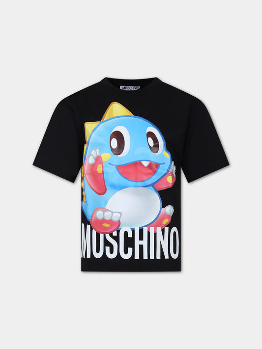 T-shirt nera per bambini con draghetto Puzzle Bobble e logo,Moschino Kids,HYM03R LAA02 60100