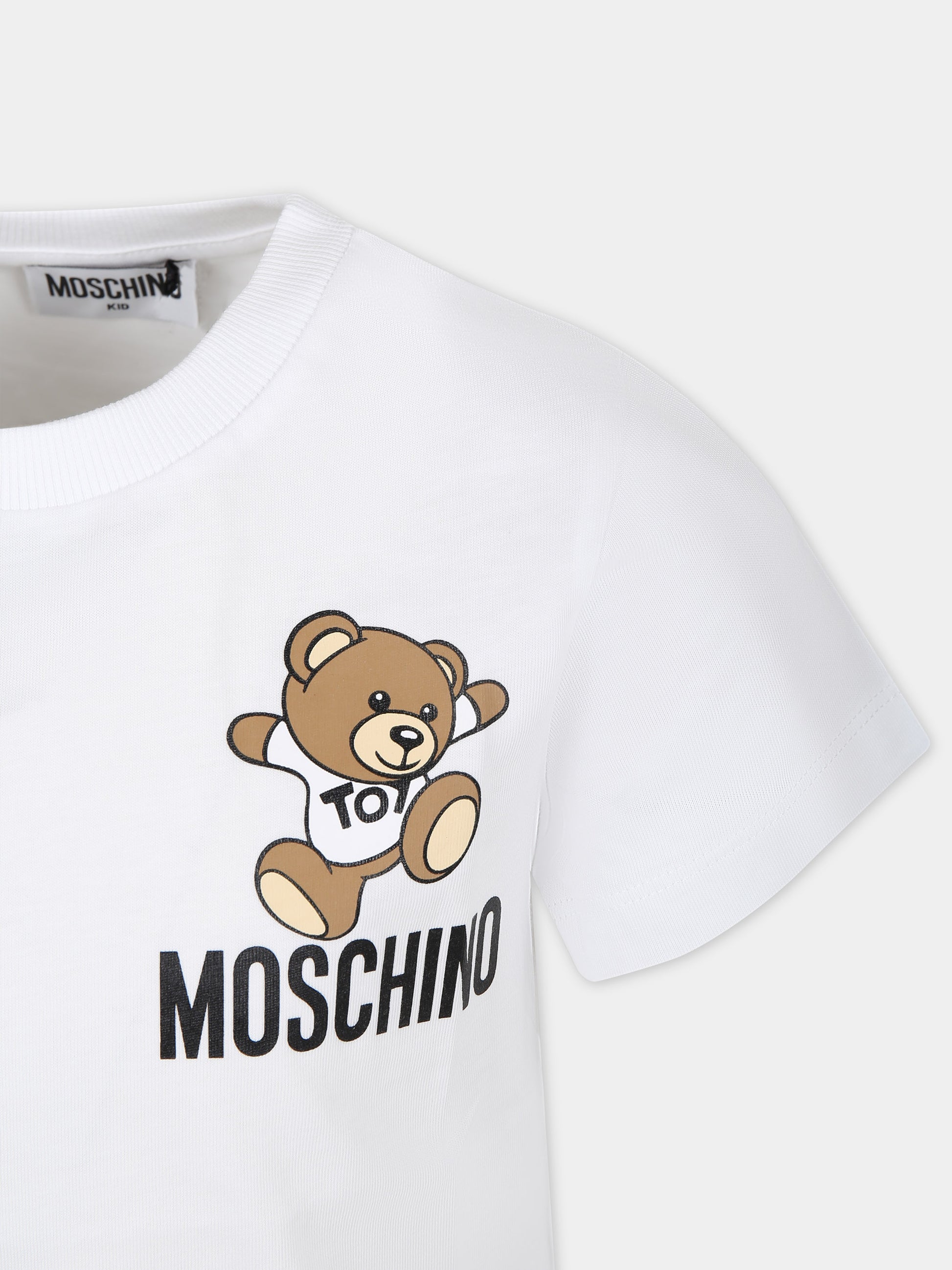 T-shirt bianca per bambini con Teddy Bear e logo,Moschino Kids,HUM04K LAA02 10101