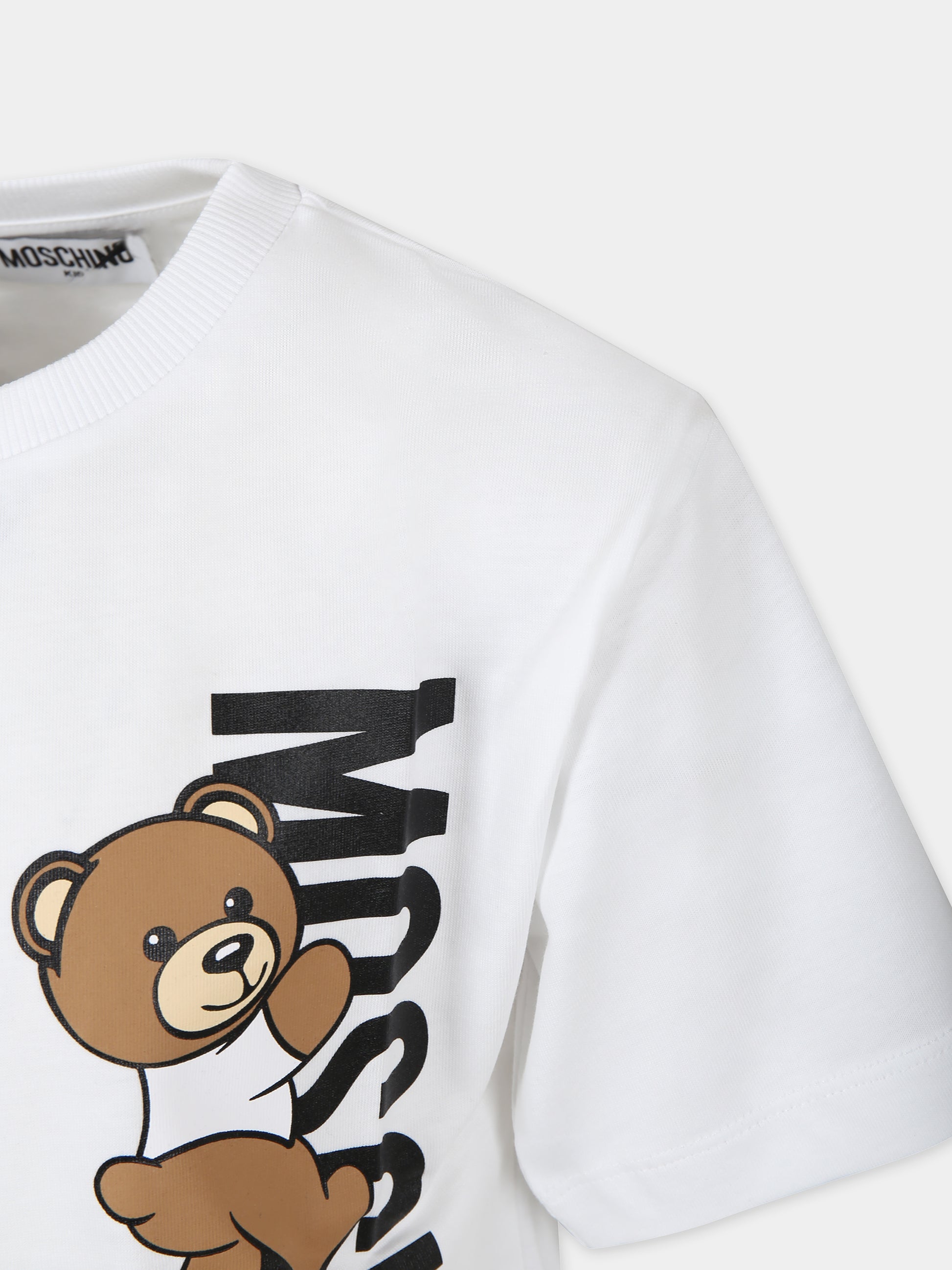 T-shirt bianca per bambino con Teddy Bear e logo,Moschino Kids,HVM03R LAA02 10101