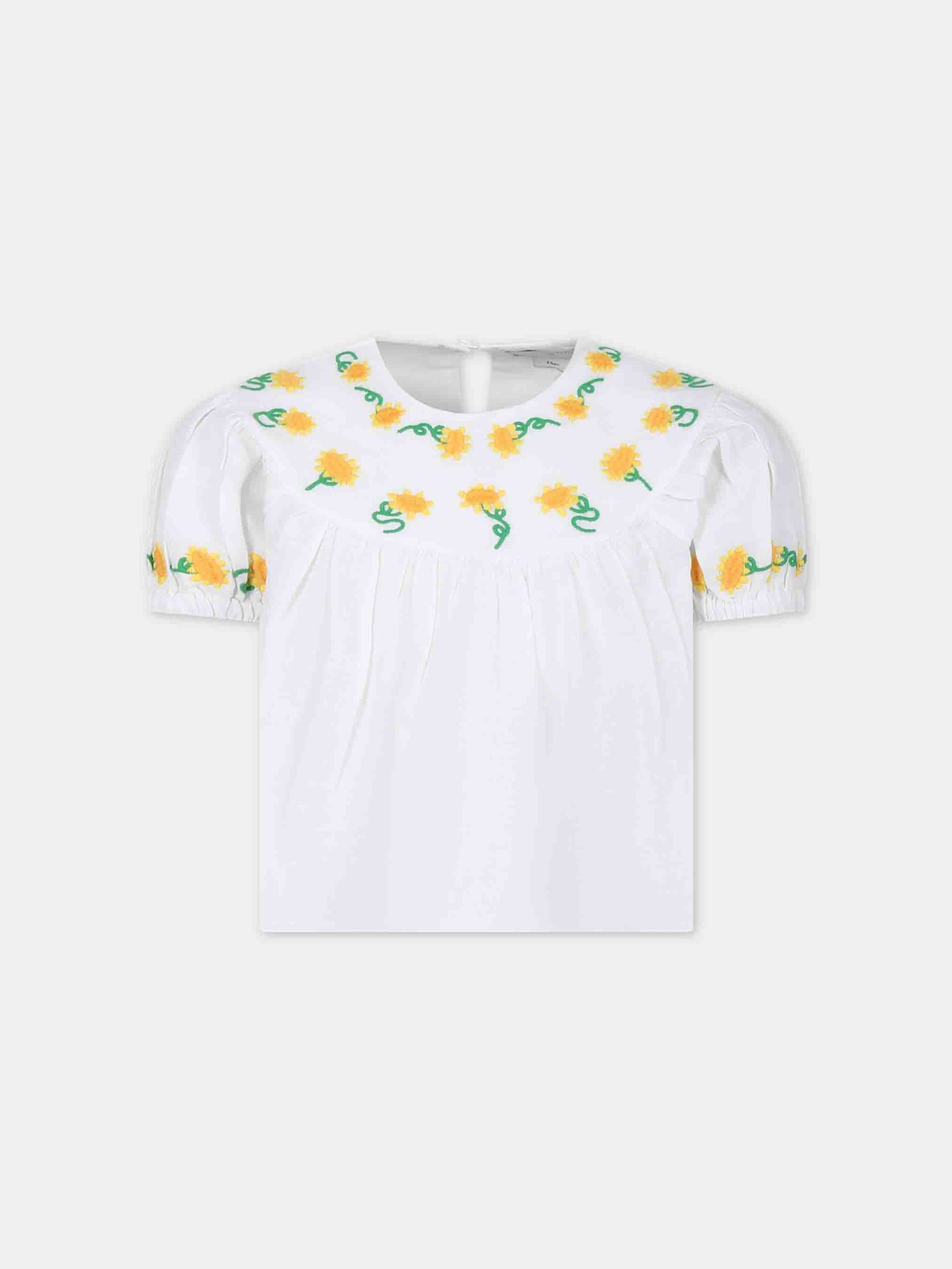 Top bianco per bambina con girasoli ricamati,Stella Mccartney Kids,TU5A31 Z0138 100