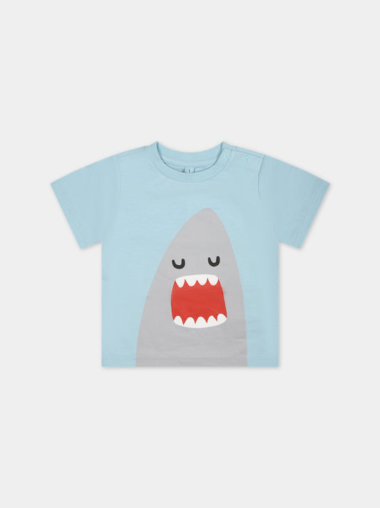 T-shirt celeste per neonato con squalo,Stella Mccartney Kids,TU8541 Z0434 682