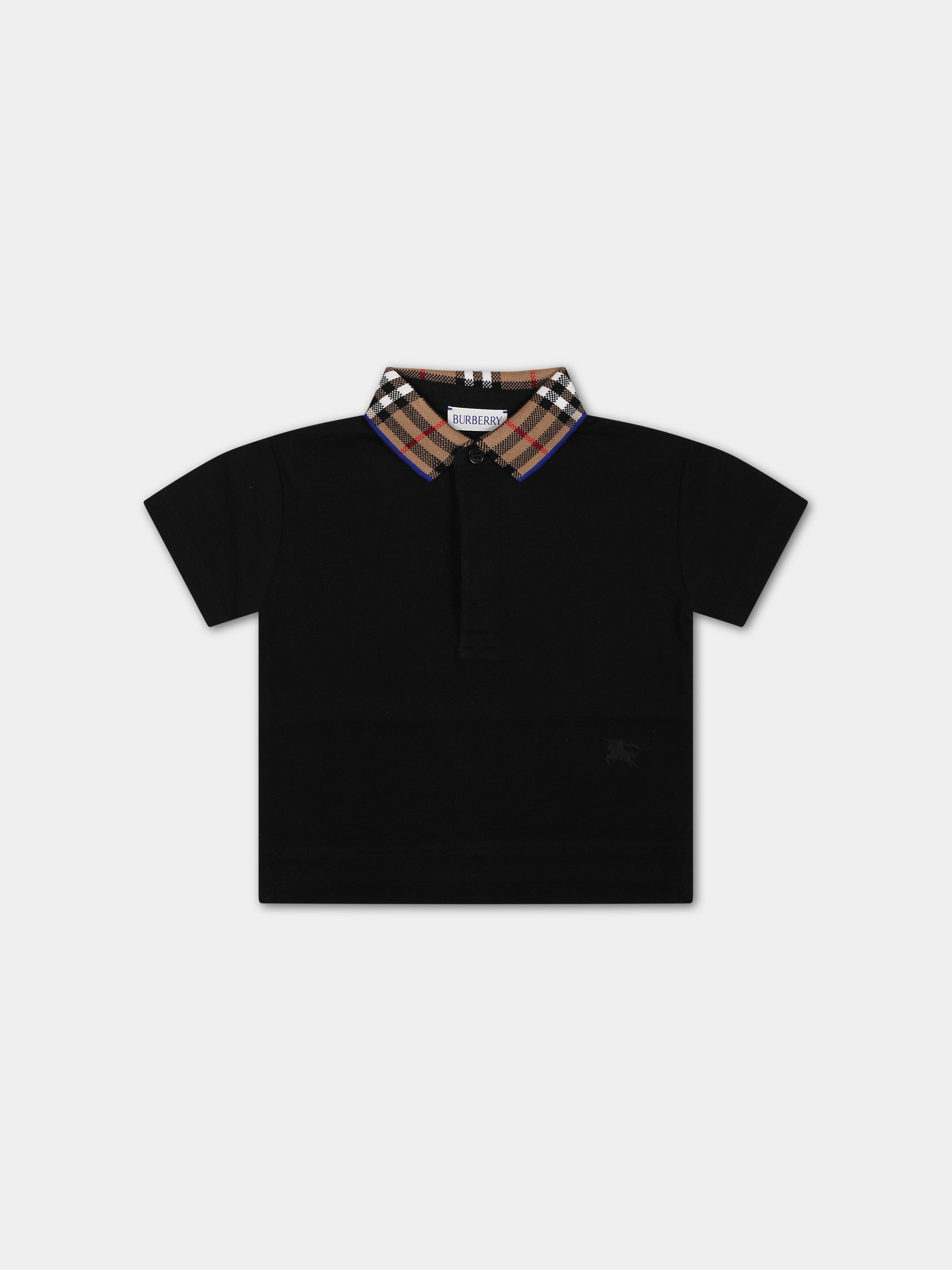 Polo nera per neonato con check vintage sul colletto,Burberry Kids,8078568 A1189