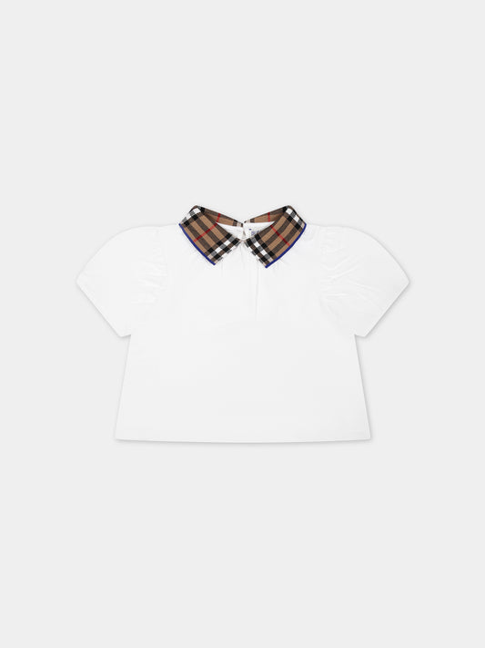T-shirt bianca per neonata con check vintage sul colletto,Burberry Kids,8078460 A1464