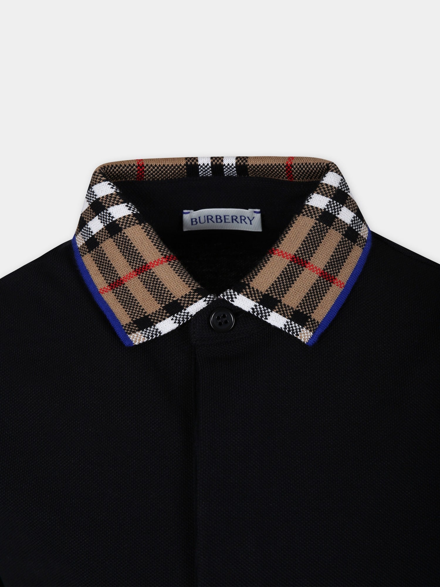 Polo nera per bambino con check vintage sul colletto,Burberry Kids,8078567 A1189