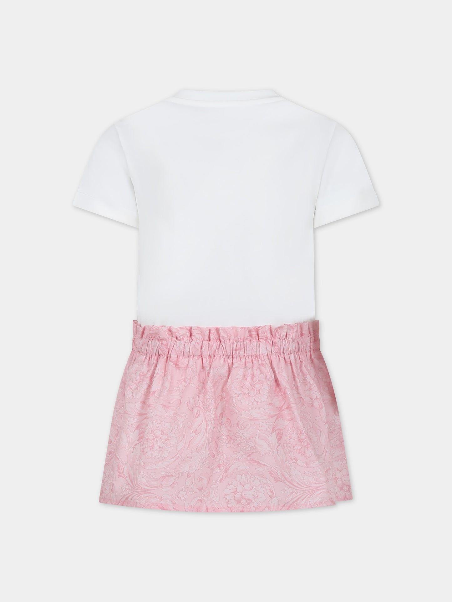Vestito rosa per neonata con stampa barocco e logo con strass,Versace,1011337 1A09678 2W310