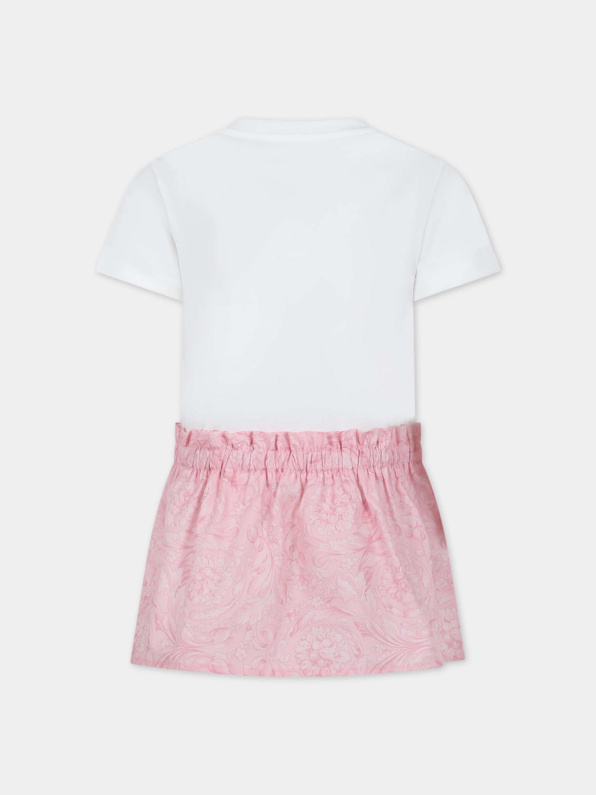 Vestito rosa per neonata con stampa barocco e logo con strass,Versace,1011337 1A09678 2W310