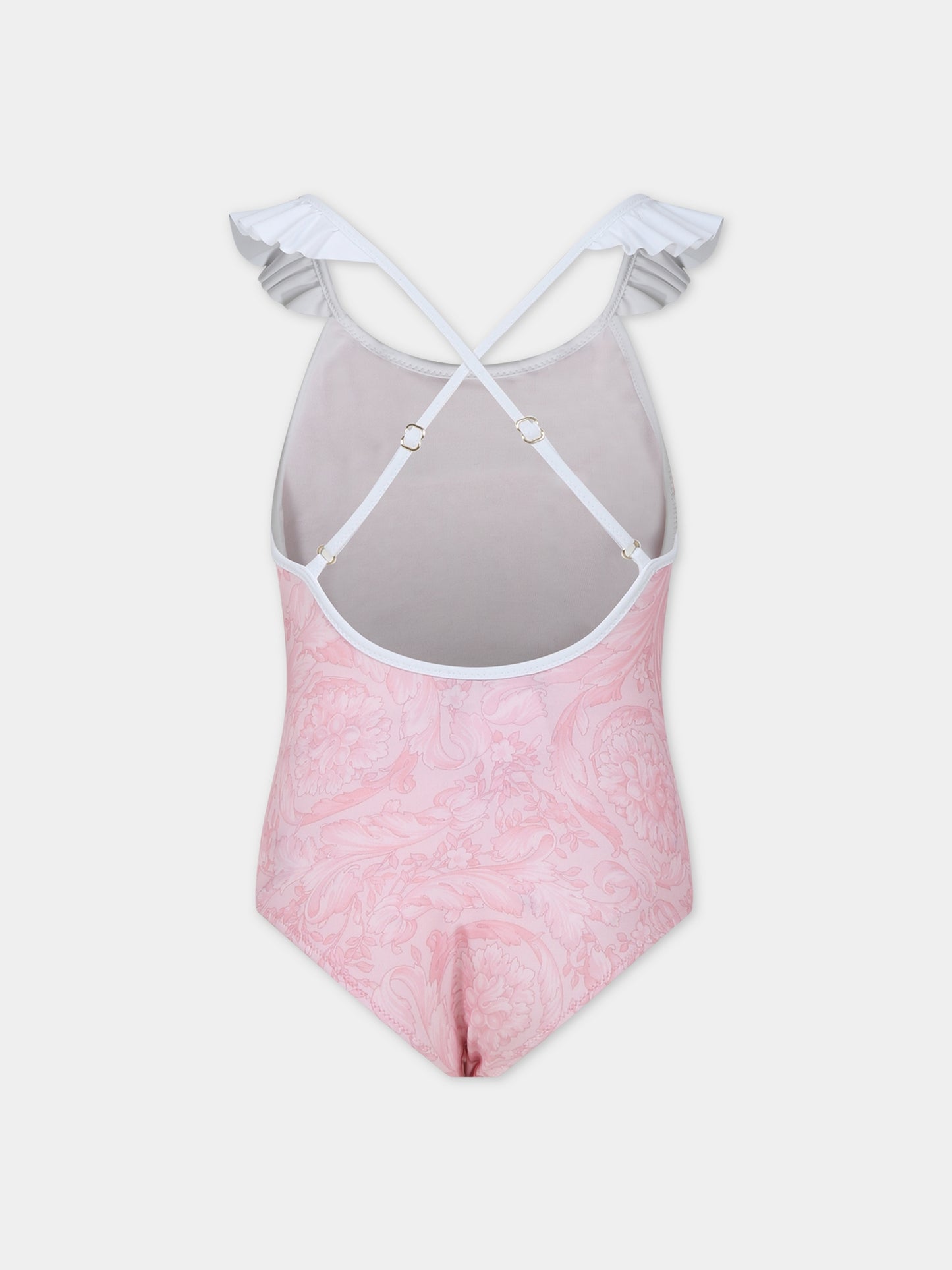 Costume intero rosa per bambina con stampa barocco,Versace,1014233 1A10009 5P950