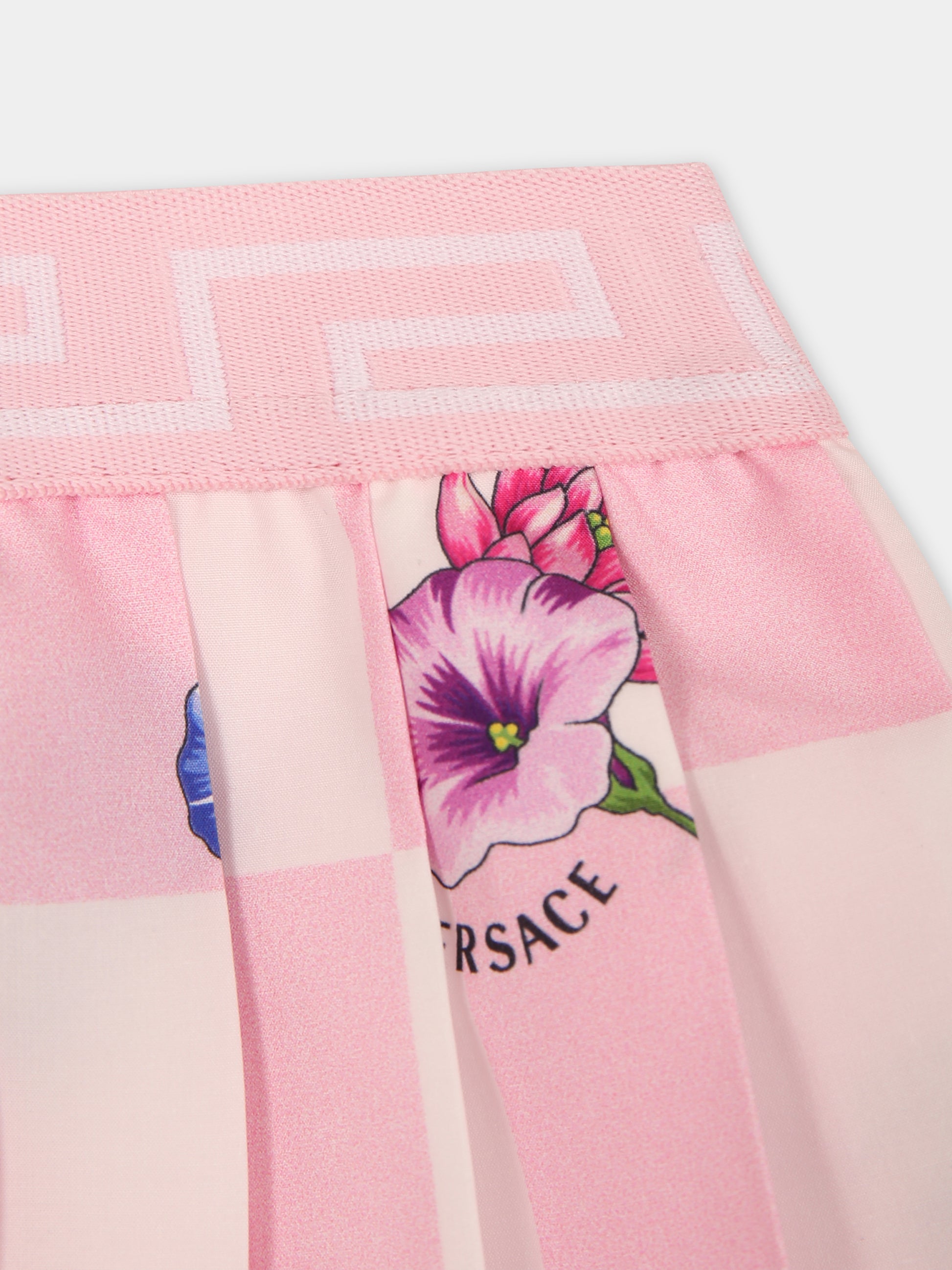 Gonna rosa per neonata con stampa fiori,Versace,1003524 1A09181 5X420