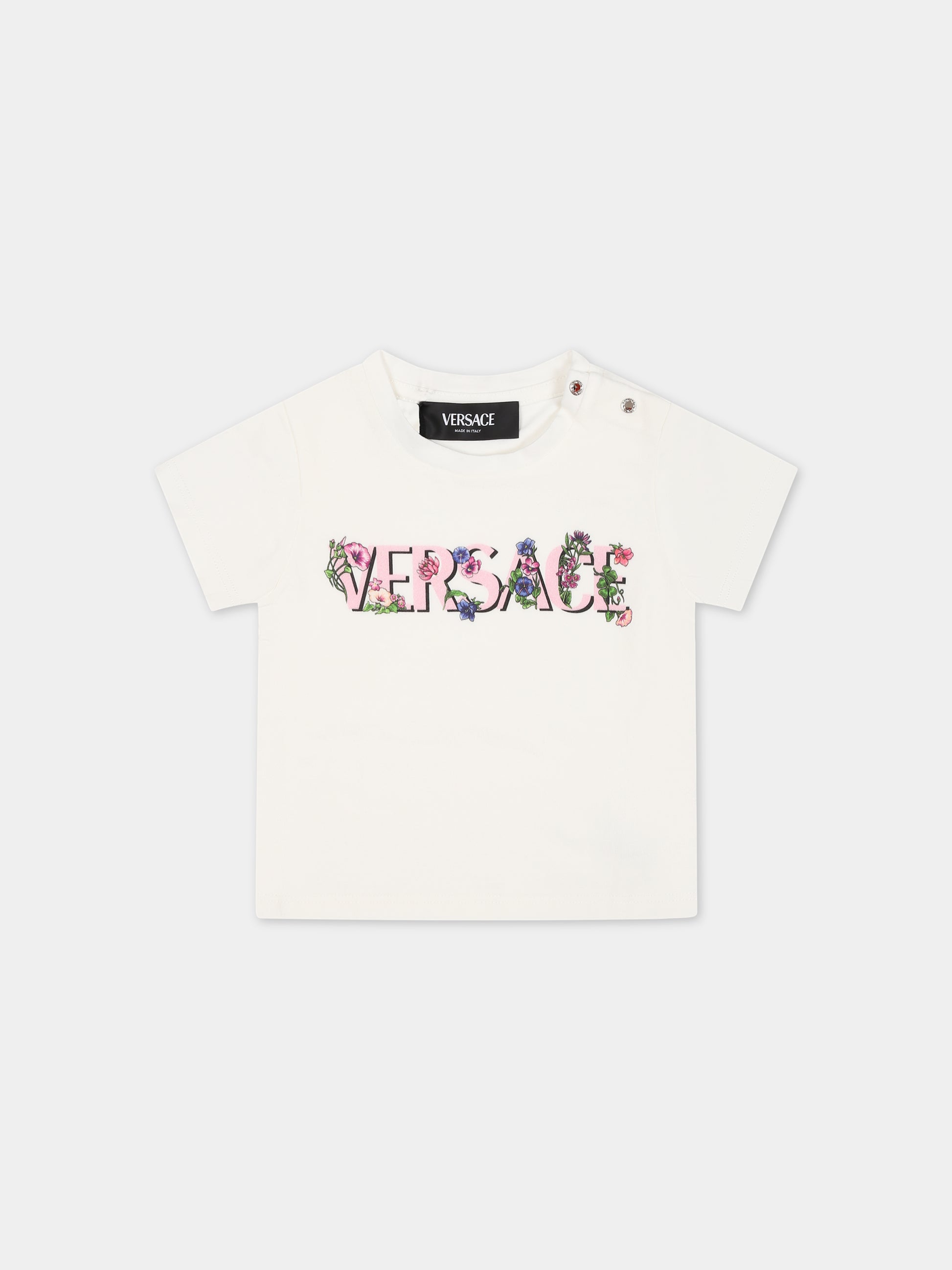 T-shirt bianca per neonata con stampa logo,Versace,1000152 1A09975 2W070