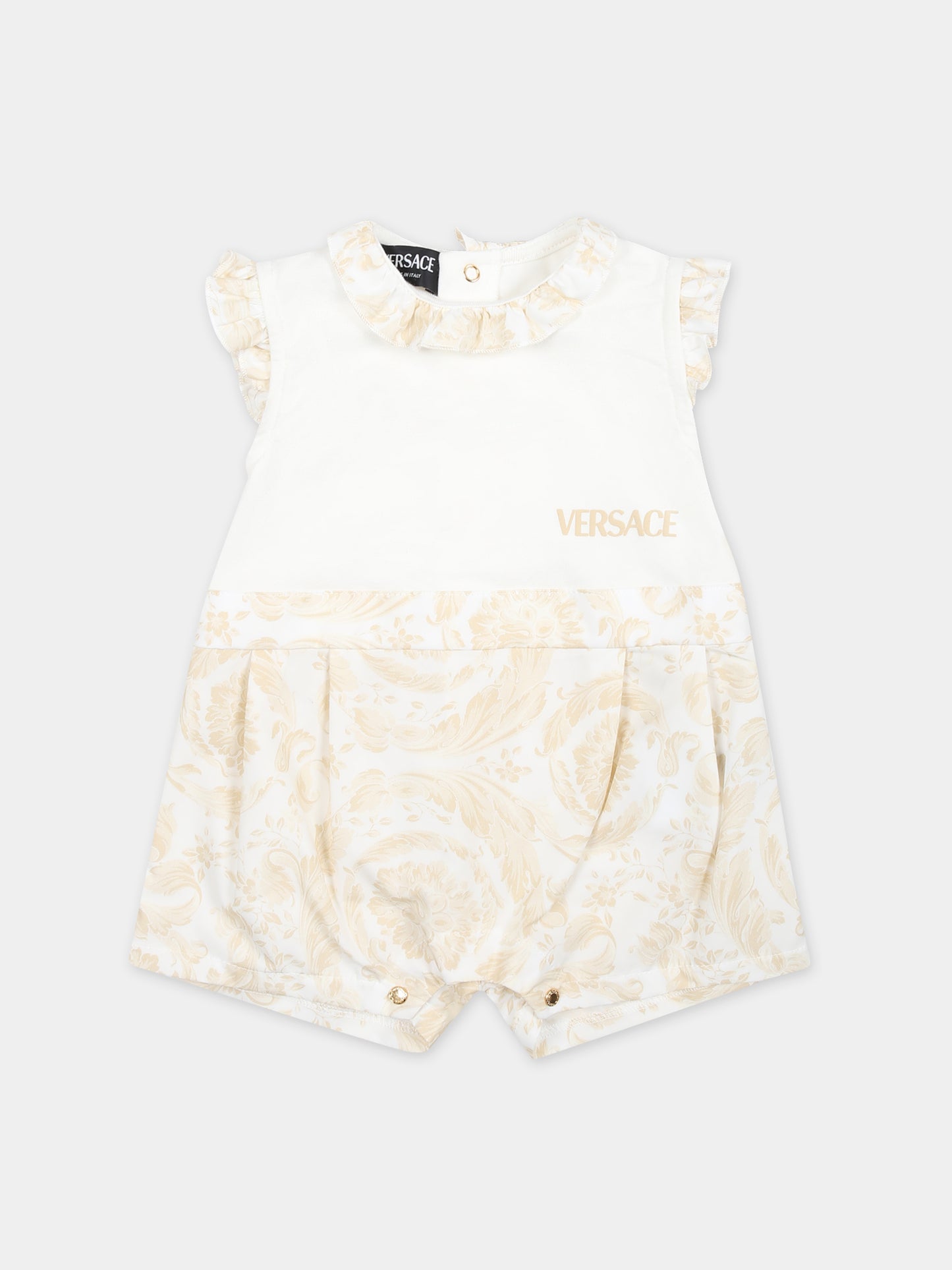 Pagliaccetto beige per neonato con stampa barocco,Versace,1012727 1A09531 2WJ70