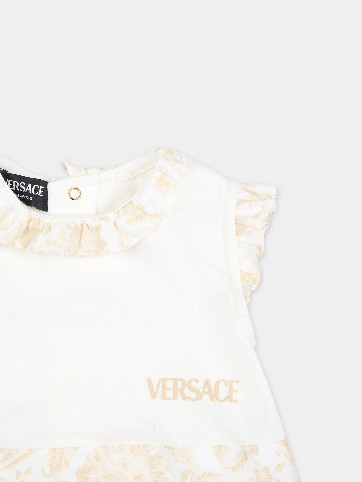 Pagliaccetto beige per neonato con stampa barocco,Versace,1012727 1A09531 2WJ70