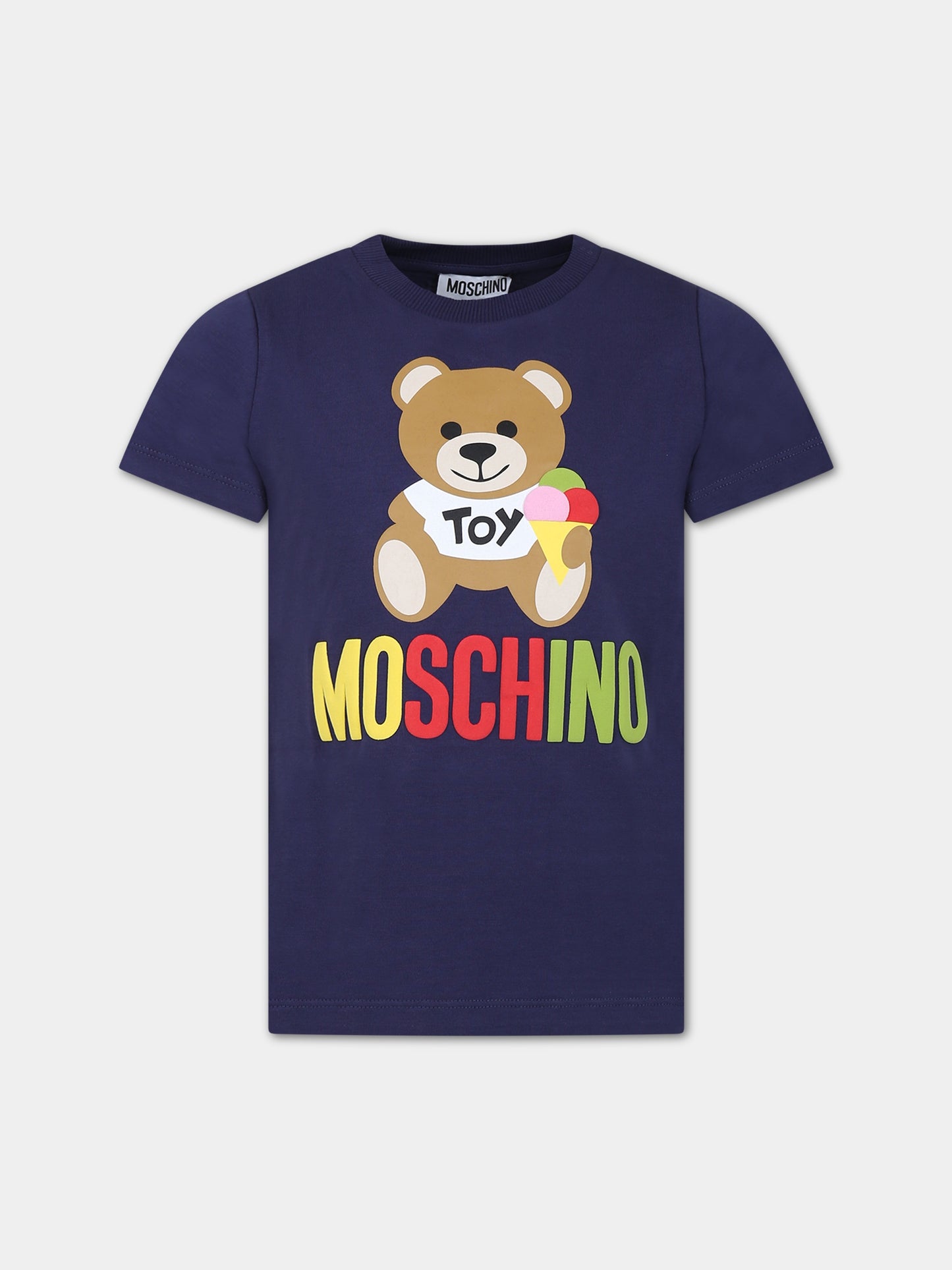 T-shirt blu per bambini con logo e Teddy Bear,Moschino Kids,HNM03T LBA08 40016