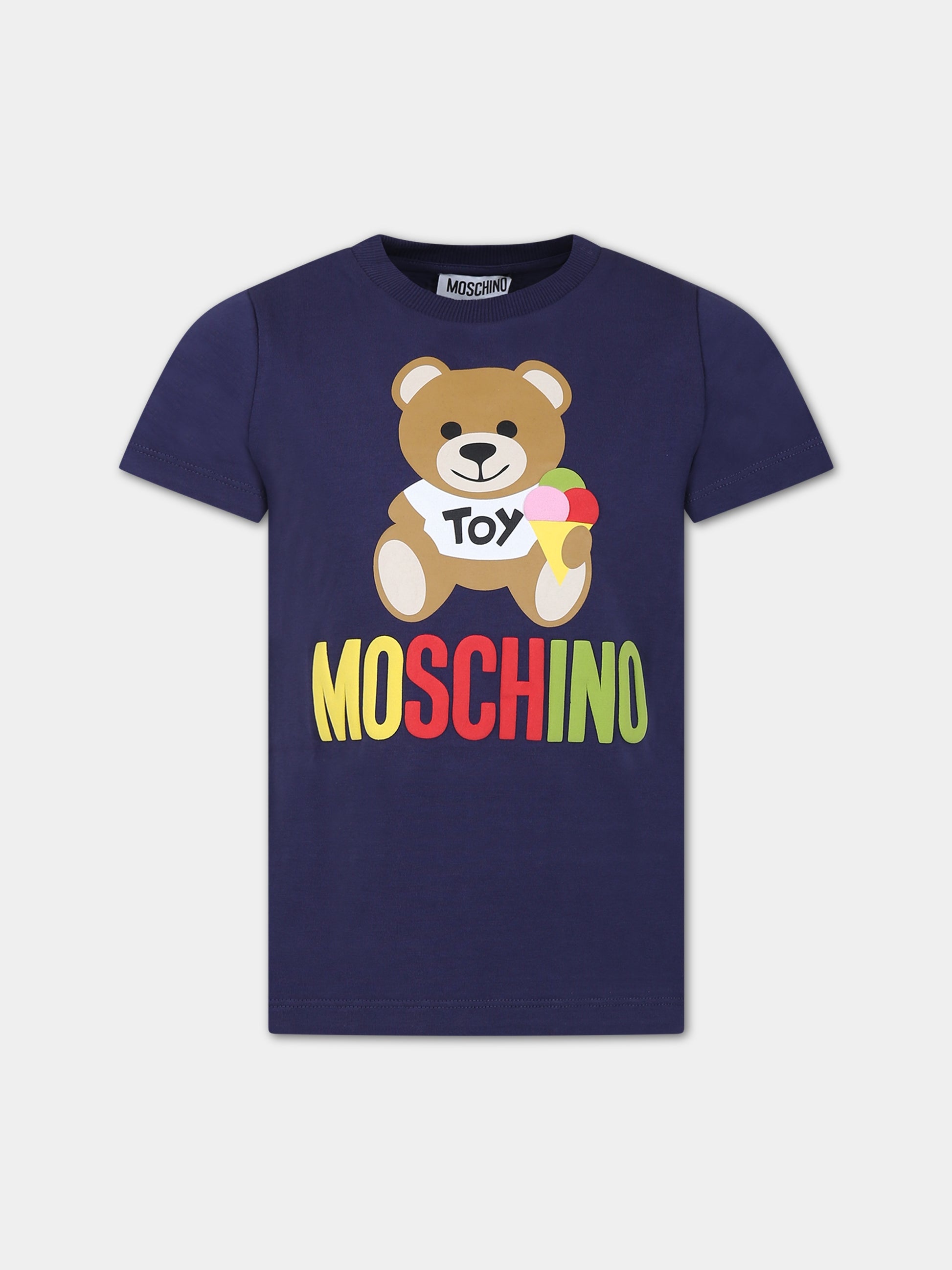 T-shirt blu per bambini con logo e Teddy Bear,Moschino Kids,HNM03T LBA08 40016